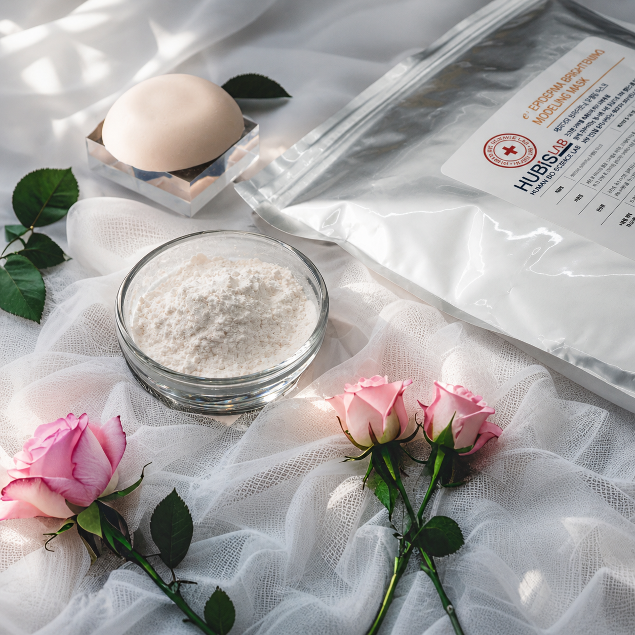 Hubislab Epiderma Brightening Modeling Mask powder for professional spa and facial treatments displayed in a luxury skincare flatlay with roses and soft fabric