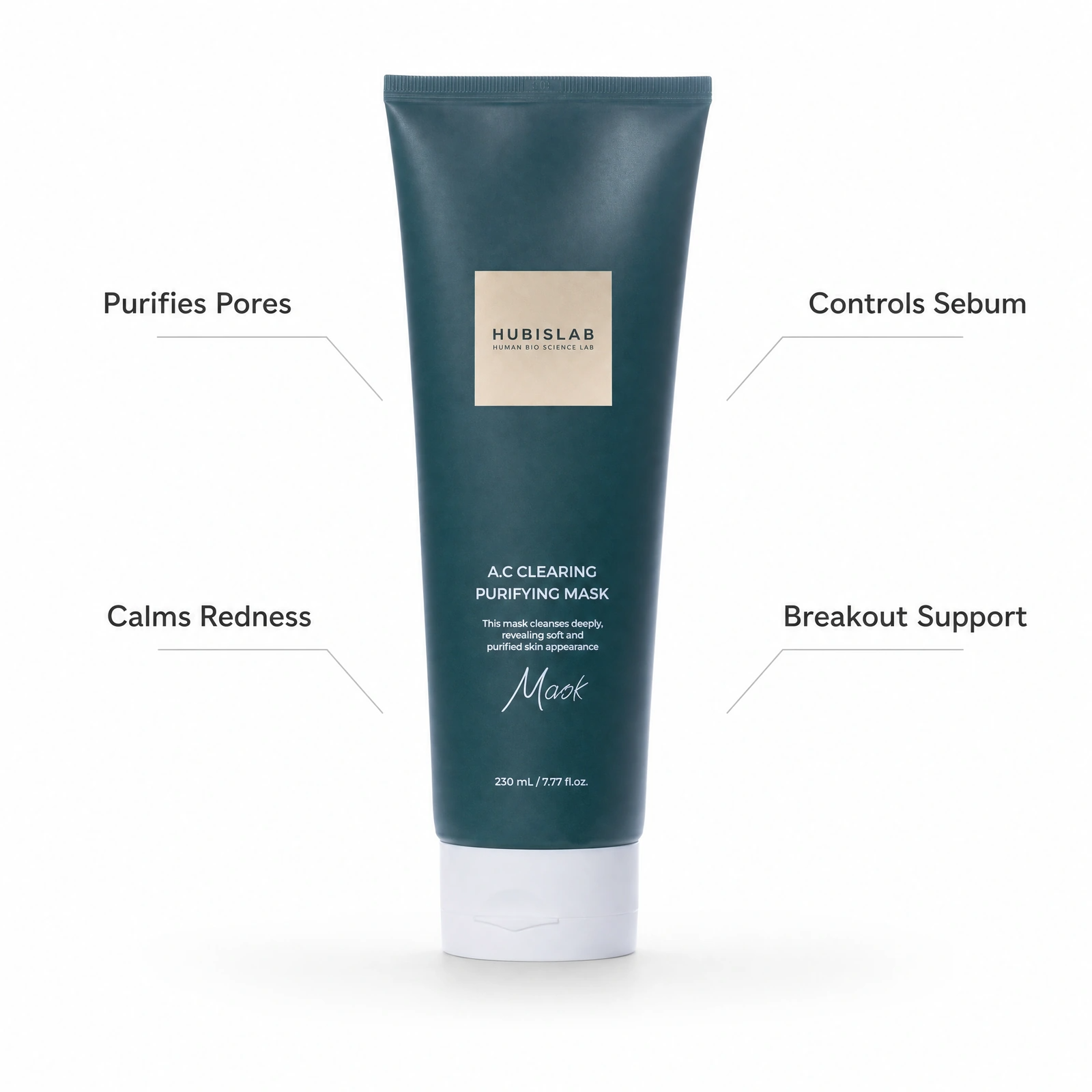 Hubislab e+ Epiderma A.C Clearing Purifying Mask 230ml professional tube with benefit callouts for purifying pores, controlling sebum, calming redness and breakout support.