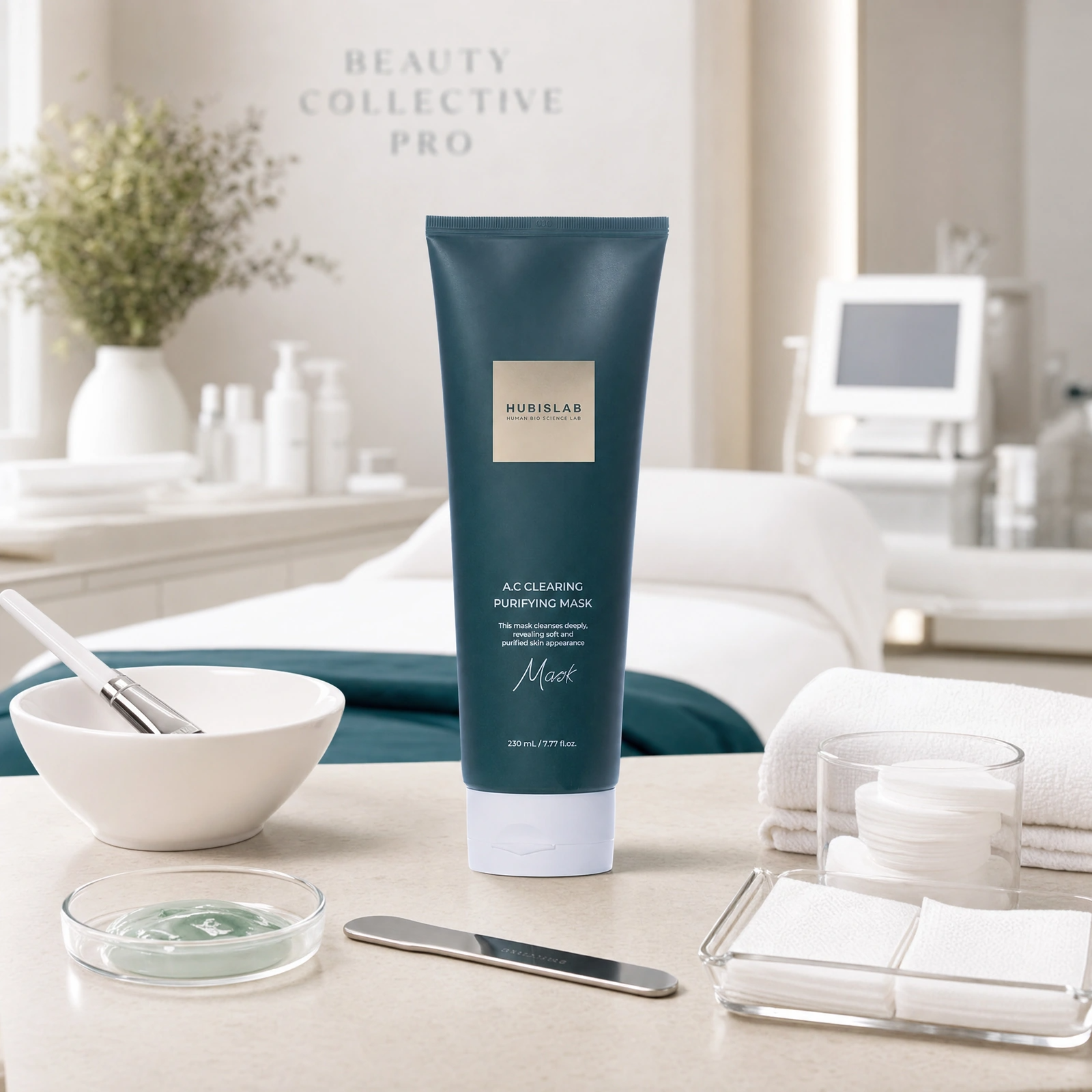 Hubislab e+ Epiderma A.C Clearing Purifying Mask 230ml displayed in a premium clinical treatment-room setting for professional acne-control purifying mask protocols, oily skin treatments and pore purification.