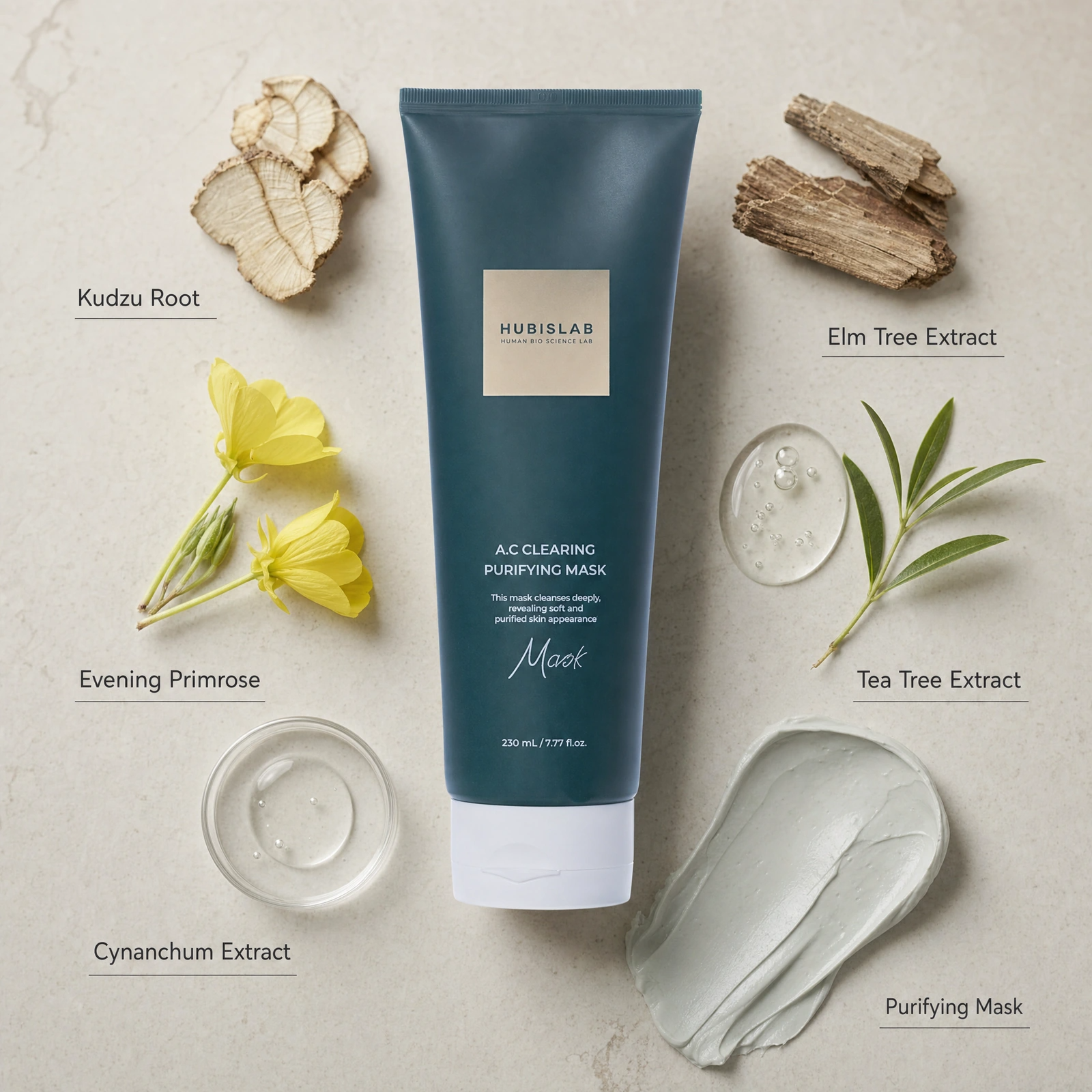 Hubislab e+ Epiderma A.C Clearing Purifying Mask 230ml ingredient flatlay with Kudzu Root, Evening Primrose, Cynanchum Extract, Elm Tree Extract, Tea Tree Extract and Purifying Mask.