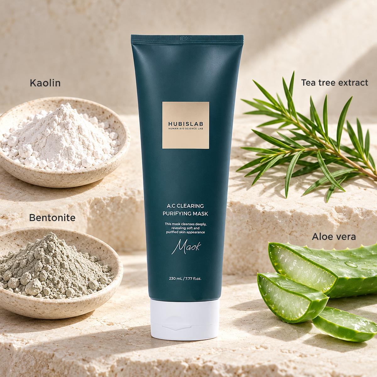 HUBISLAB eplus epiderma ac clearing purifying mask with illustrative selected ingredients: Kaolin, Bentonite, Tea tree extract, Aloe vera.