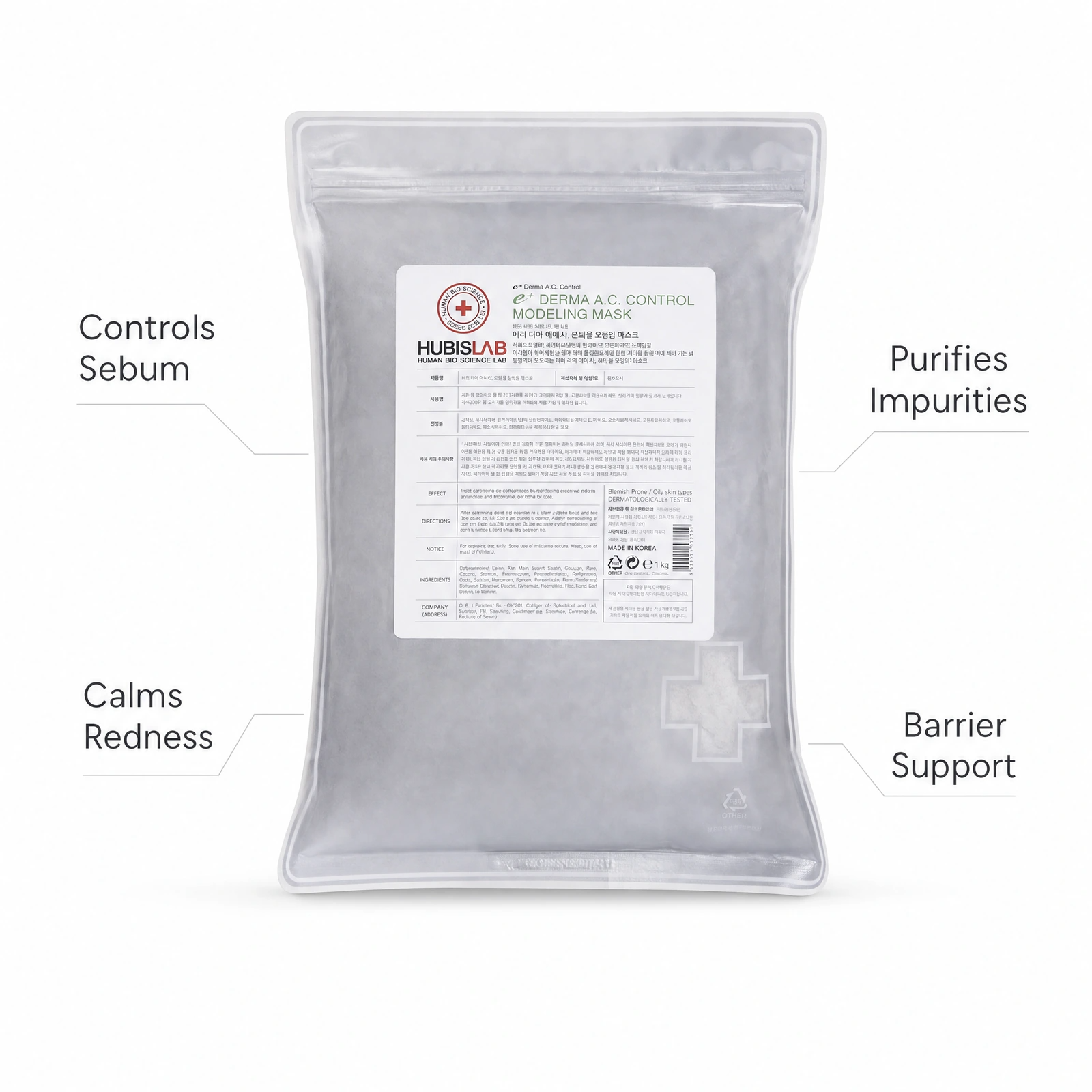 Hubislab e+ Epiderma A.C. Control Modeling Mask 1kg professional pouch with benefit callouts for controlling sebum, purifying impurities, calming redness and barrier support.