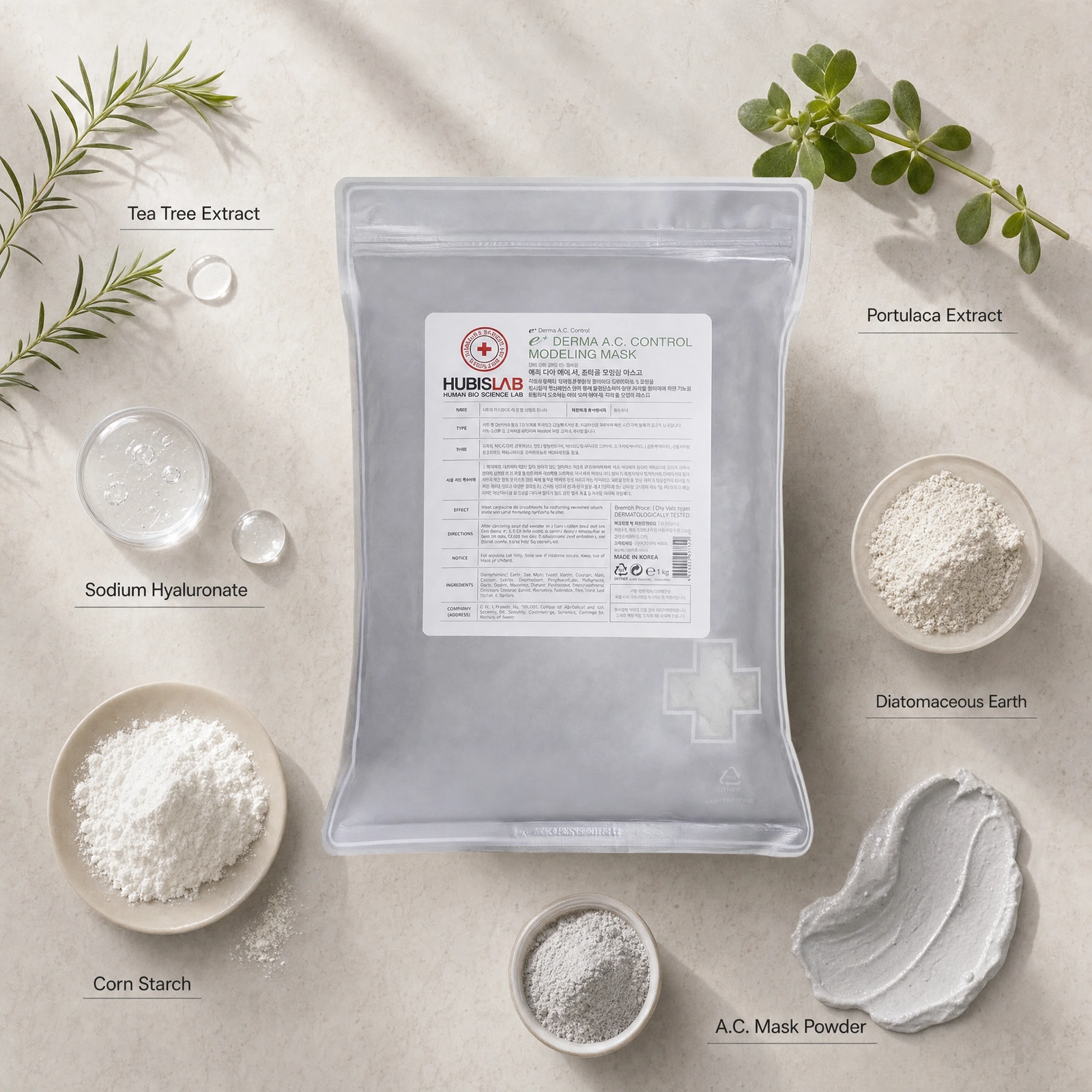 Hubislab e+ Epiderma A.C. Control Modeling Mask 1kg ingredient flatlay with Tea Tree Extract, Portulaca Extract, Sodium Hyaluronate, Diatomaceous Earth, Corn Starch and A.C. Mask Powder.