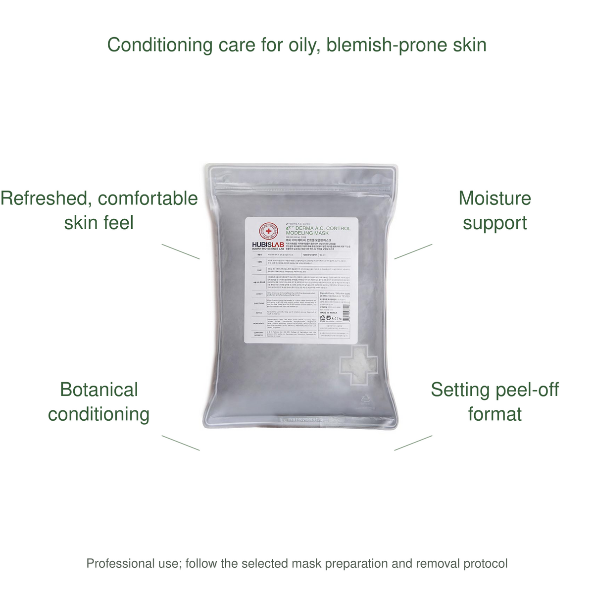 HUBISLAB eplus epiderma ac control modeling mask benefits: Refreshed, comfortable skin feel, Moisture support, Botanical conditioning, Setting peel-off format.