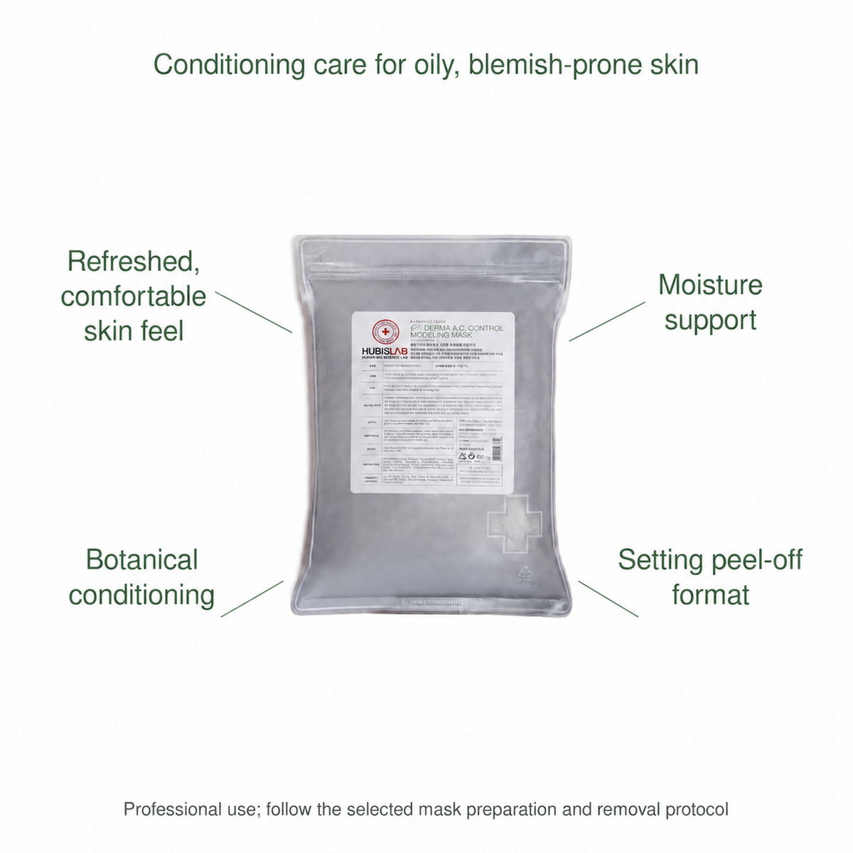 HUBISLAB eplus epiderma ac control modeling mask benefits: Refreshed, comfortable skin feel, Moisture support, Botanical conditioning, Setting peel-off format.
