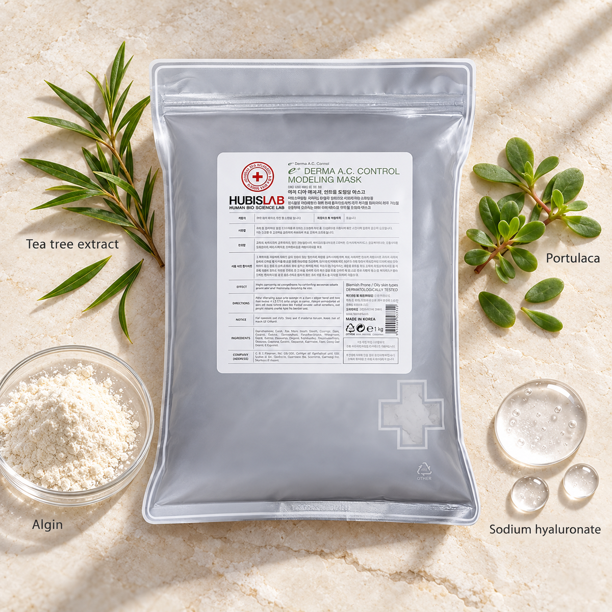 HUBISLAB eplus epiderma ac control modeling mask with illustrative selected ingredients: Tea tree extract, Portulaca, Algin, Sodium hyaluronate.
