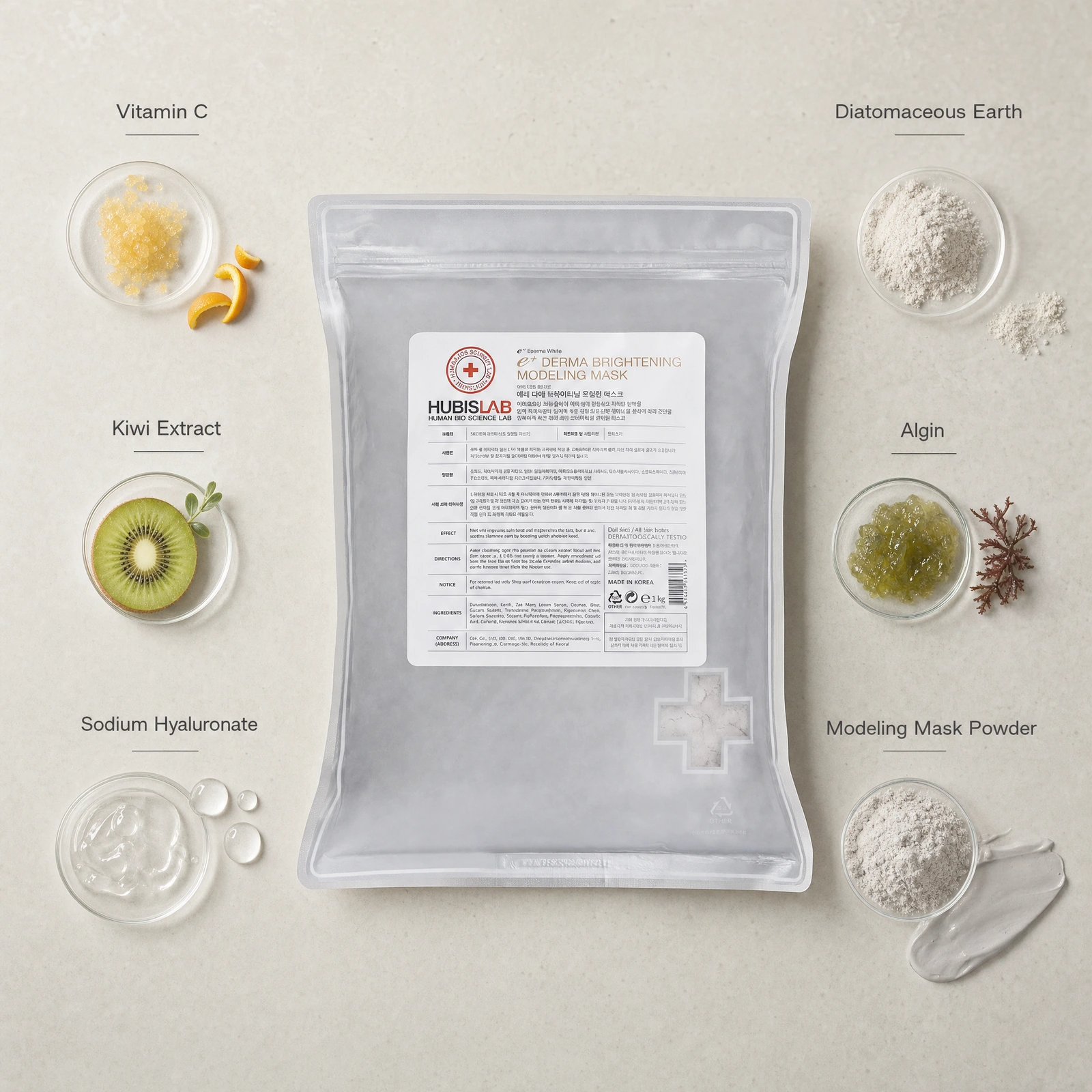 Hubislab e+ Epiderma Brightening Modeling Mask 1kg ingredient flatlay with Vitamin C, Kiwi Extract, Sodium Hyaluronate, Diatomaceous Earth, Algin and Modeling Mask Powder.