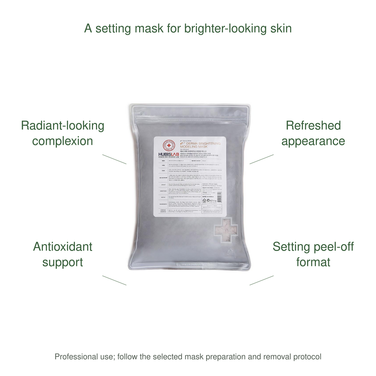 HUBISLAB eplus epiderma brightening modeling mask benefits: Radiant-looking complexion, Refreshed appearance, Antioxidant support, Setting peel-off format.
