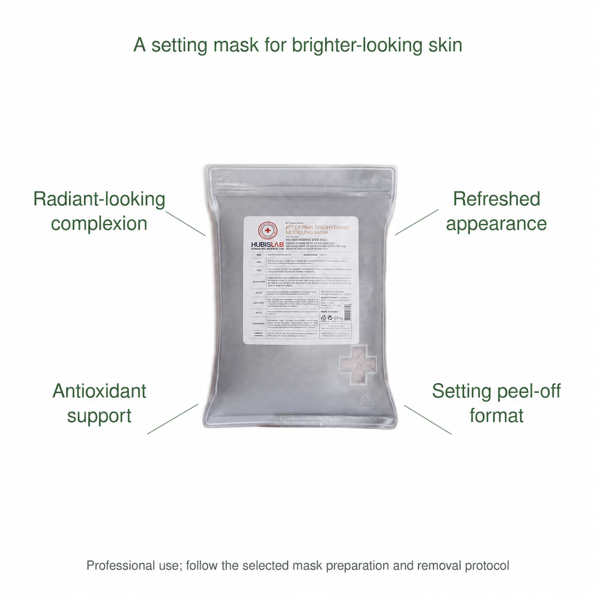 HUBISLAB eplus epiderma brightening modeling mask benefits: Radiant-looking complexion, Refreshed appearance, Antioxidant support, Setting peel-off format.