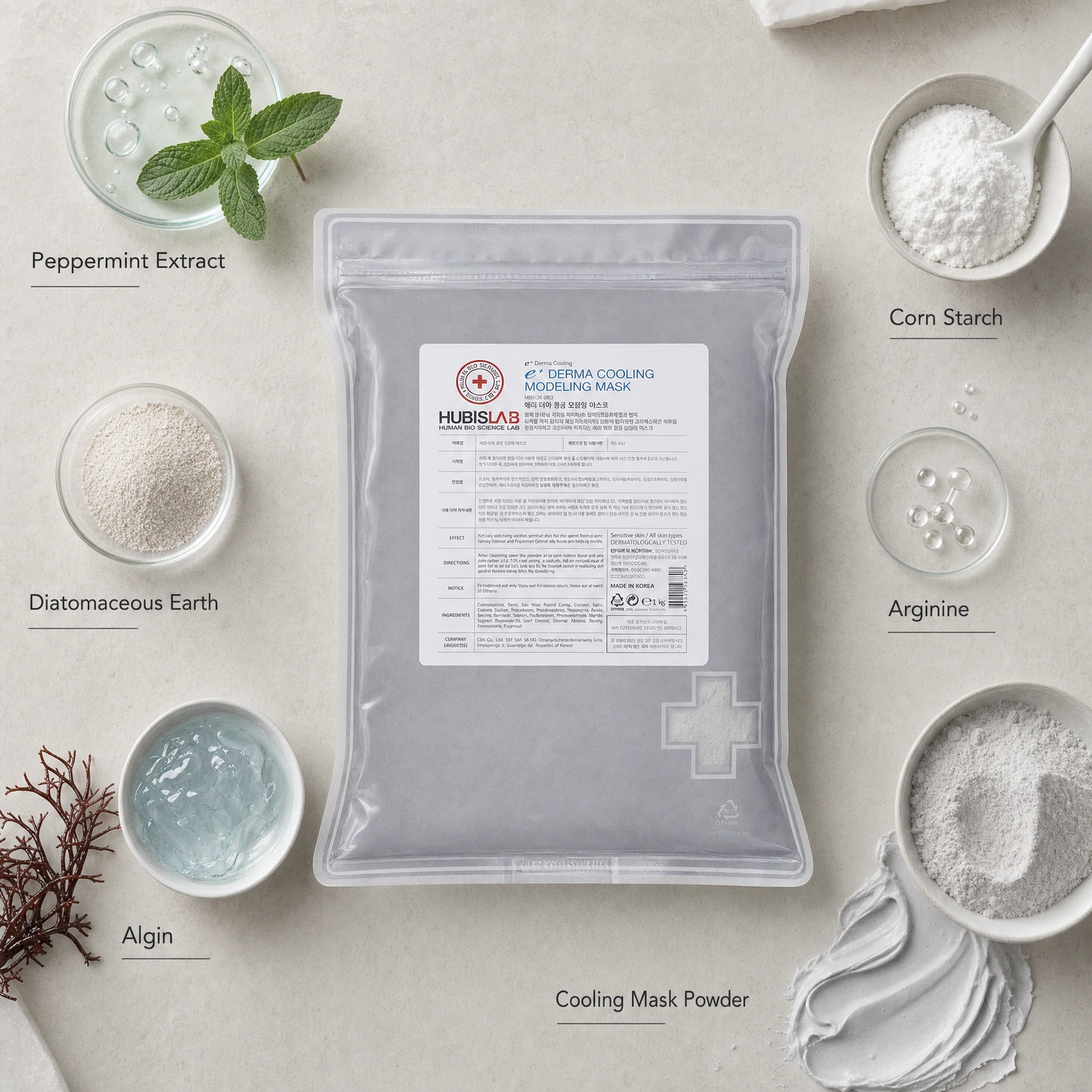 Hubislab e+ Epiderma Cooling Modeling Mask 1kg ingredient flatlay with Peppermint Extract, Diatomaceous Earth, Algin, Corn Starch, Arginine and Cooling Mask Powder.