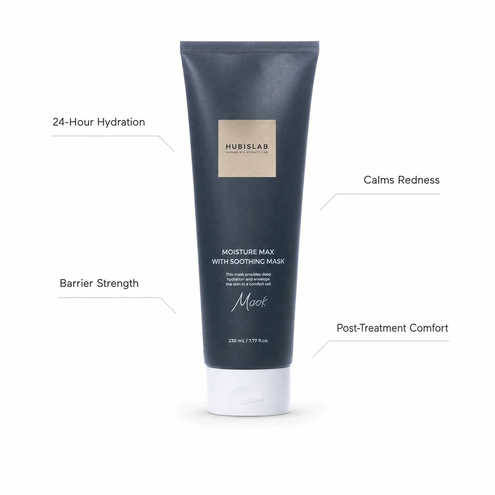 Hubislab e+ Epiderma Moisture Max with Soothing Mask 230ml professional tube with benefit callouts for 24-hour hydration, calming redness, barrier strength and post-treatment comfort.