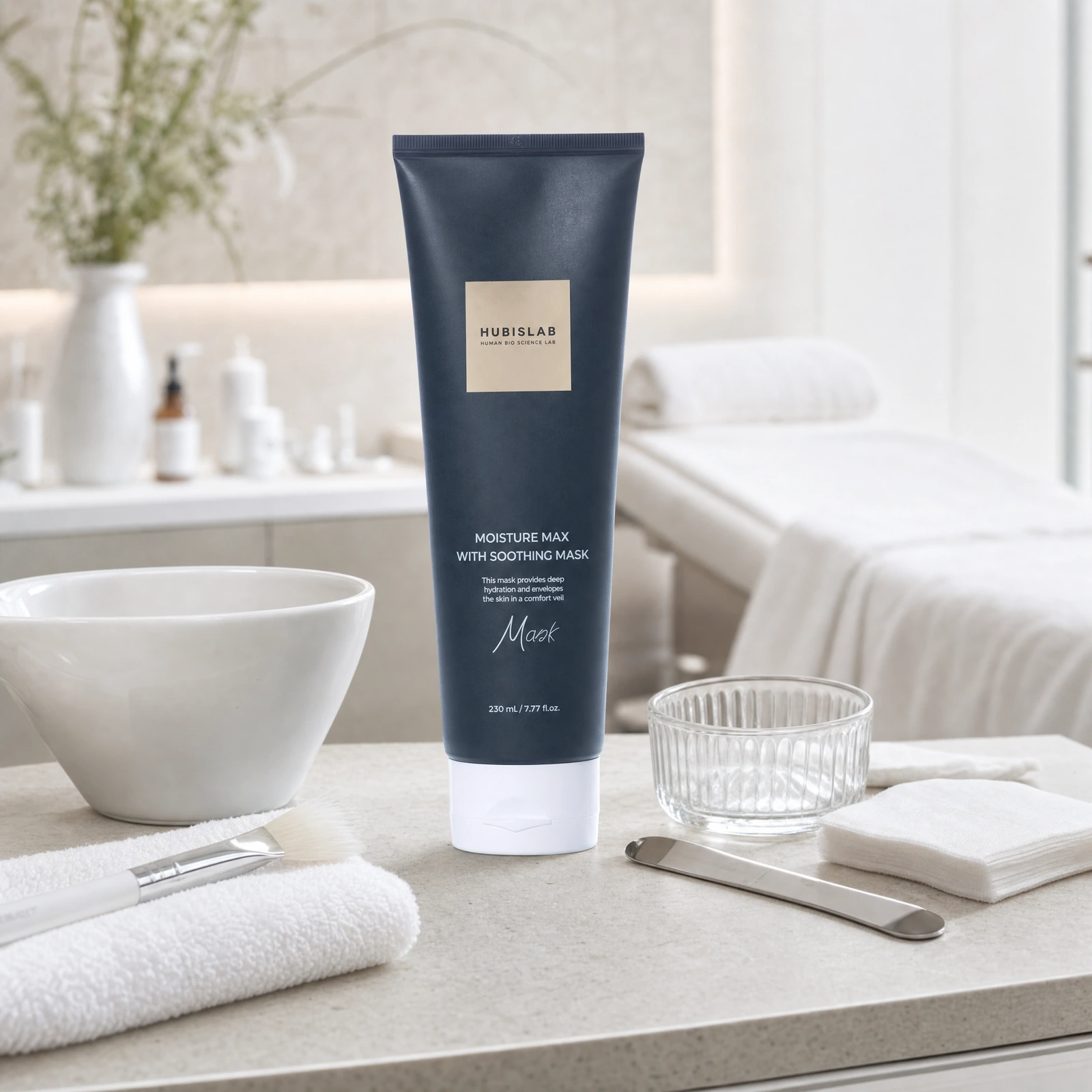 Hubislab e+ Epiderma Moisture Max with Soothing Mask 230ml displayed in a premium clinical treatment-room setting for professional hydrating mask protocols, sensitive skin comfort and post-treatment recovery.
