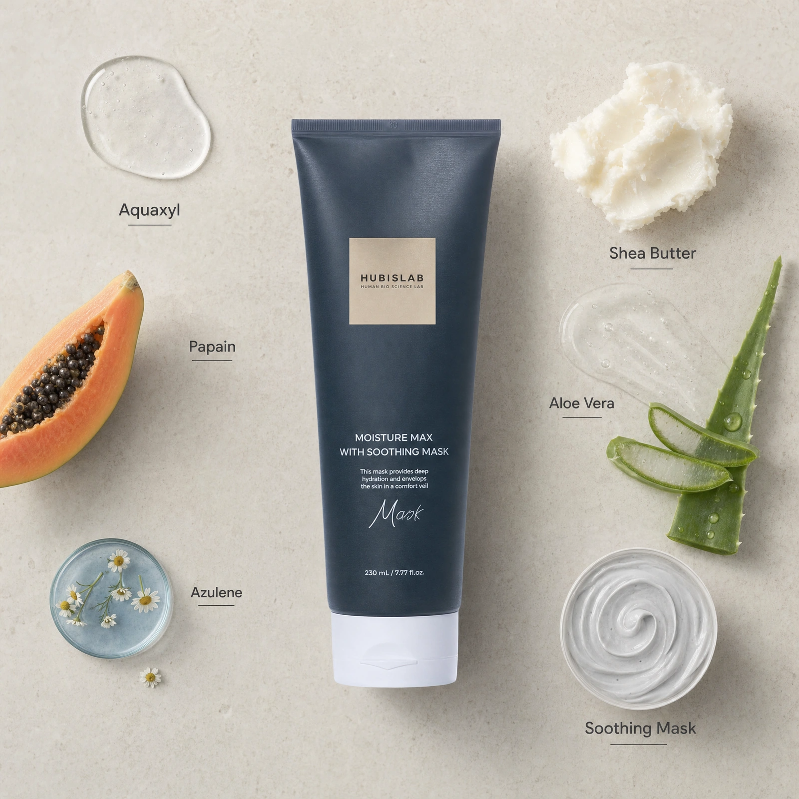 Hubislab e+ Epiderma Moisture Max with Soothing Mask 230ml ingredient flatlay with Aquaxyl, Papain, Azulene, Shea Butter, Aloe Vera and Soothing Mask.