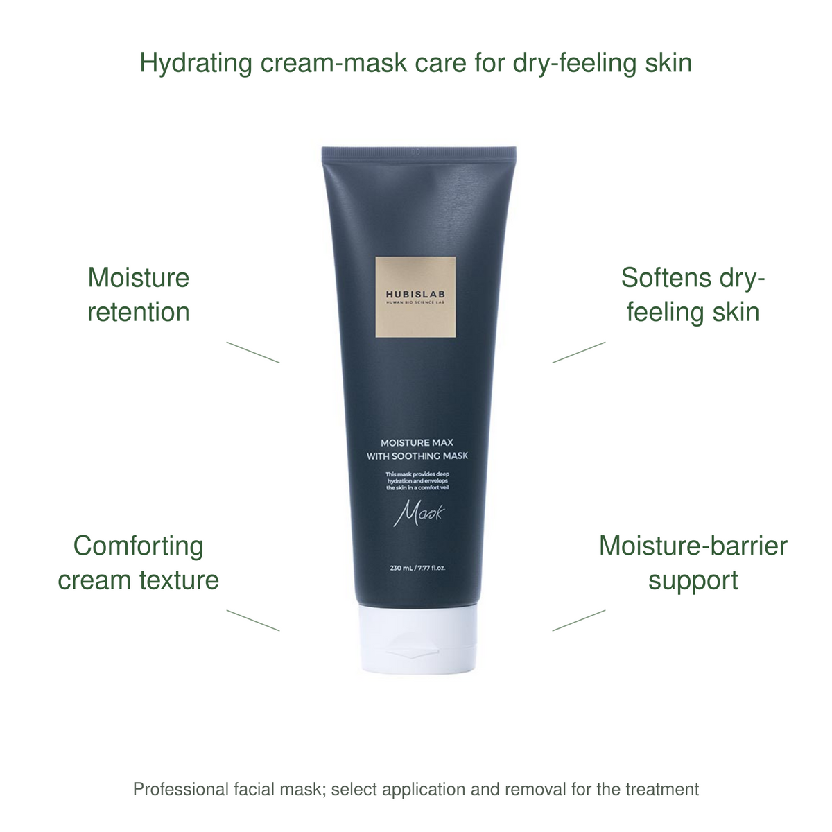 HUBISLAB eplus epiderma moisture max with soothing mask benefits: Moisture retention, Softens dry-feeling skin, Comforting cream texture, Moisture-barrier support.