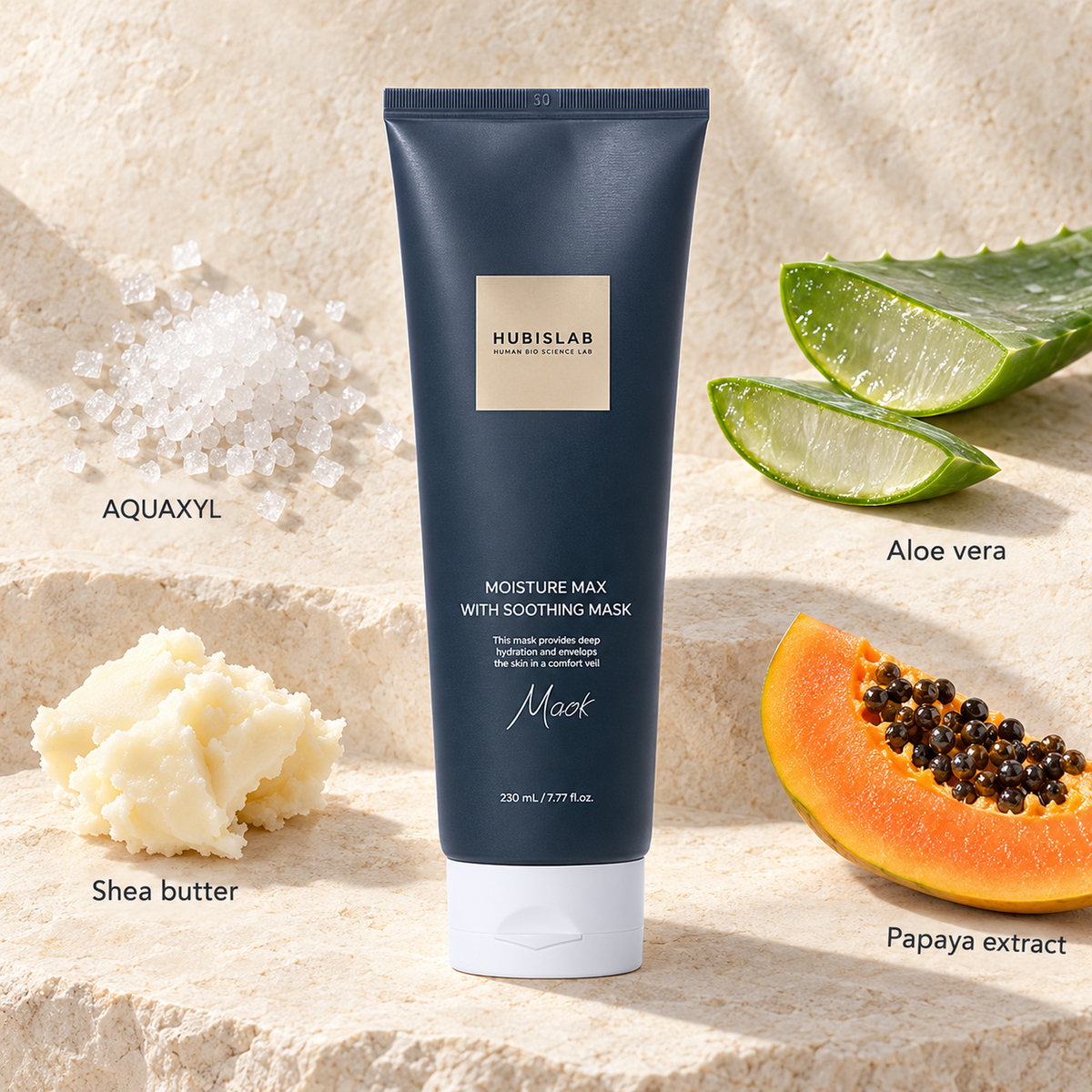 HUBISLAB eplus epiderma moisture max with soothing mask with illustrative selected ingredients: AQUAXYL, Shea butter, Aloe vera, Papaya extract.