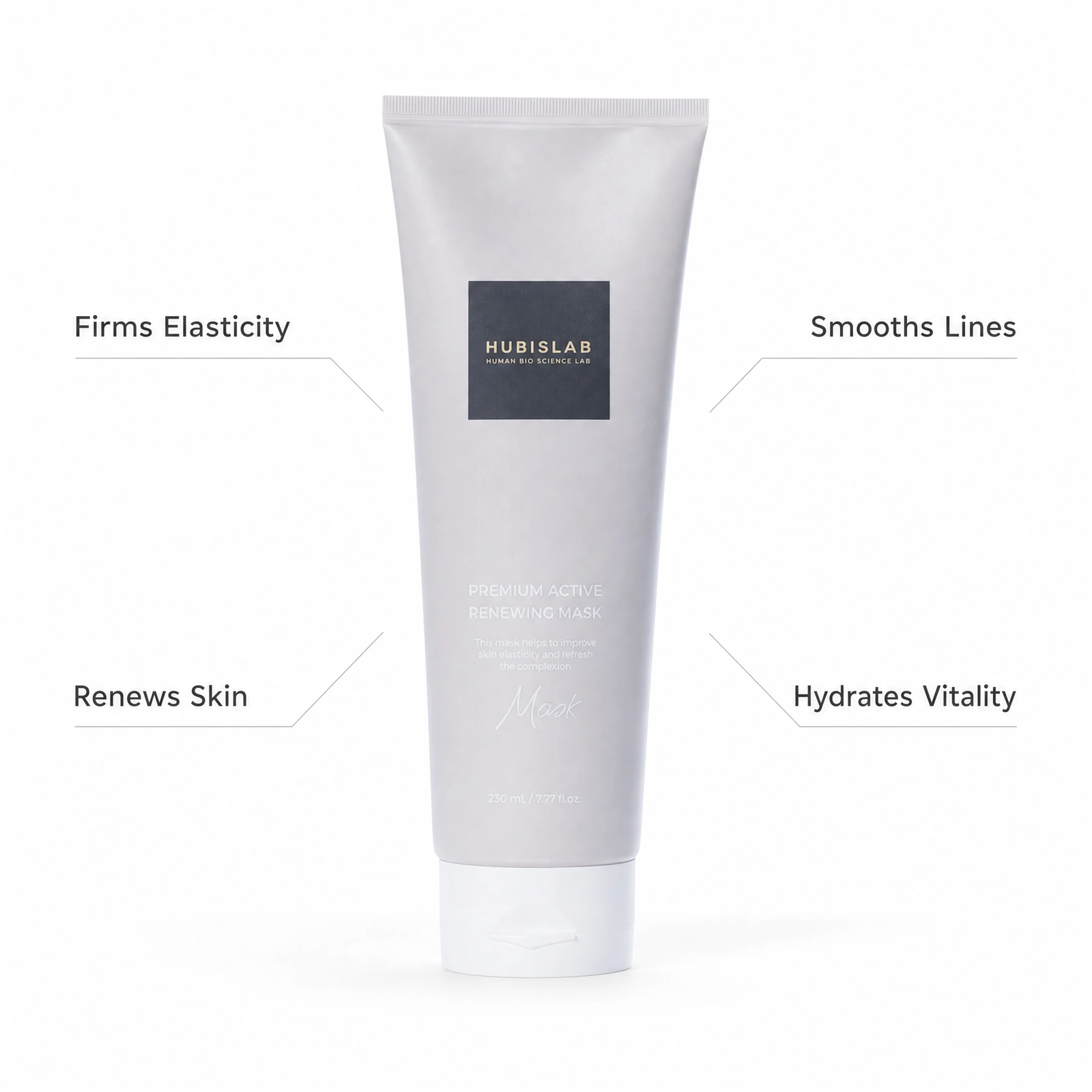 Hubislab e+ Epiderma Premium Active Renewing Mask 230ml professional tube with benefit callouts for firming elasticity, smoothing lines, renewing skin and hydrating vitality.