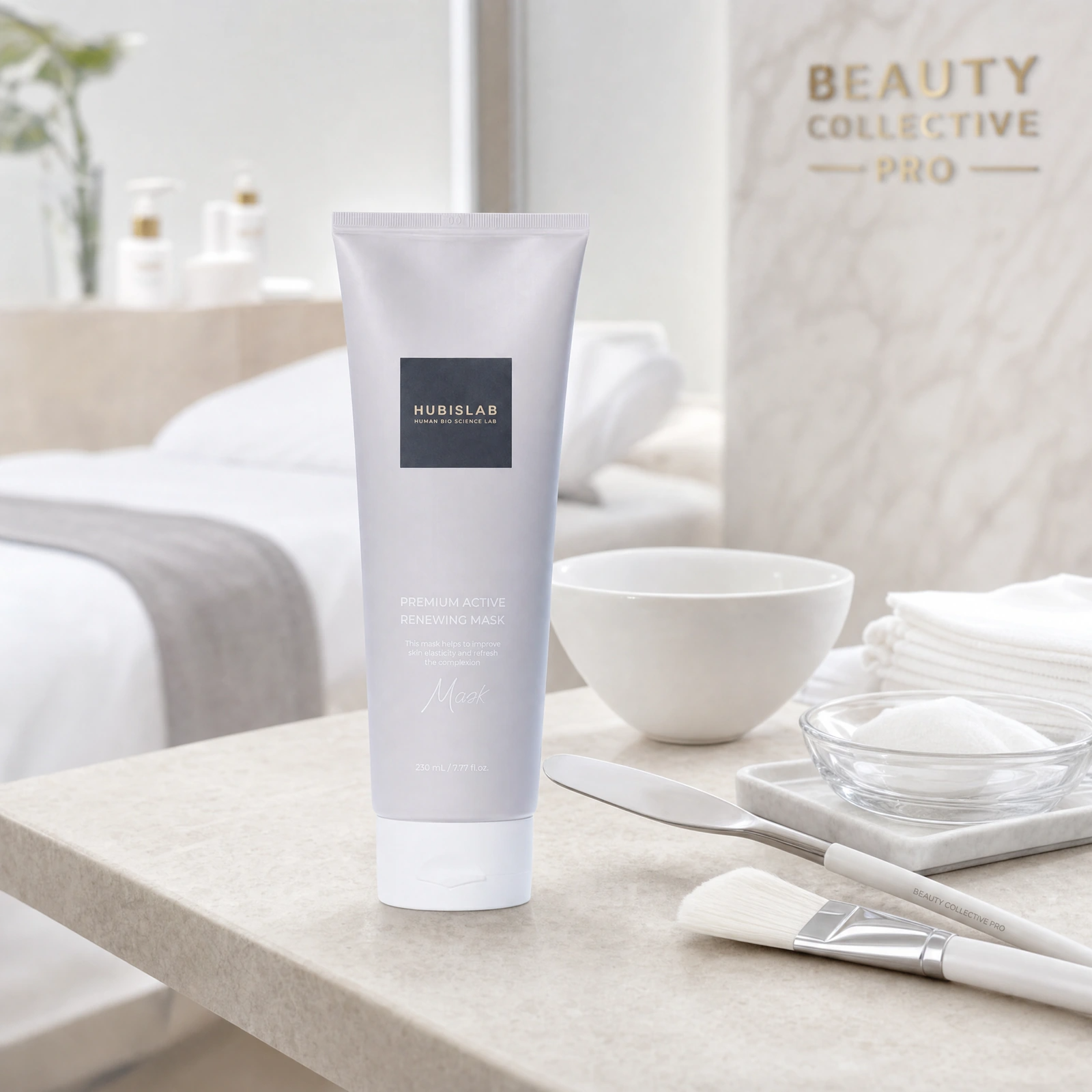 Hubislab e+ Epiderma Premium Active Renewing Mask 230ml displayed in a premium clinical treatment-room setting for professional active renewing mask protocols, mature skin treatments and post-treatment recovery.