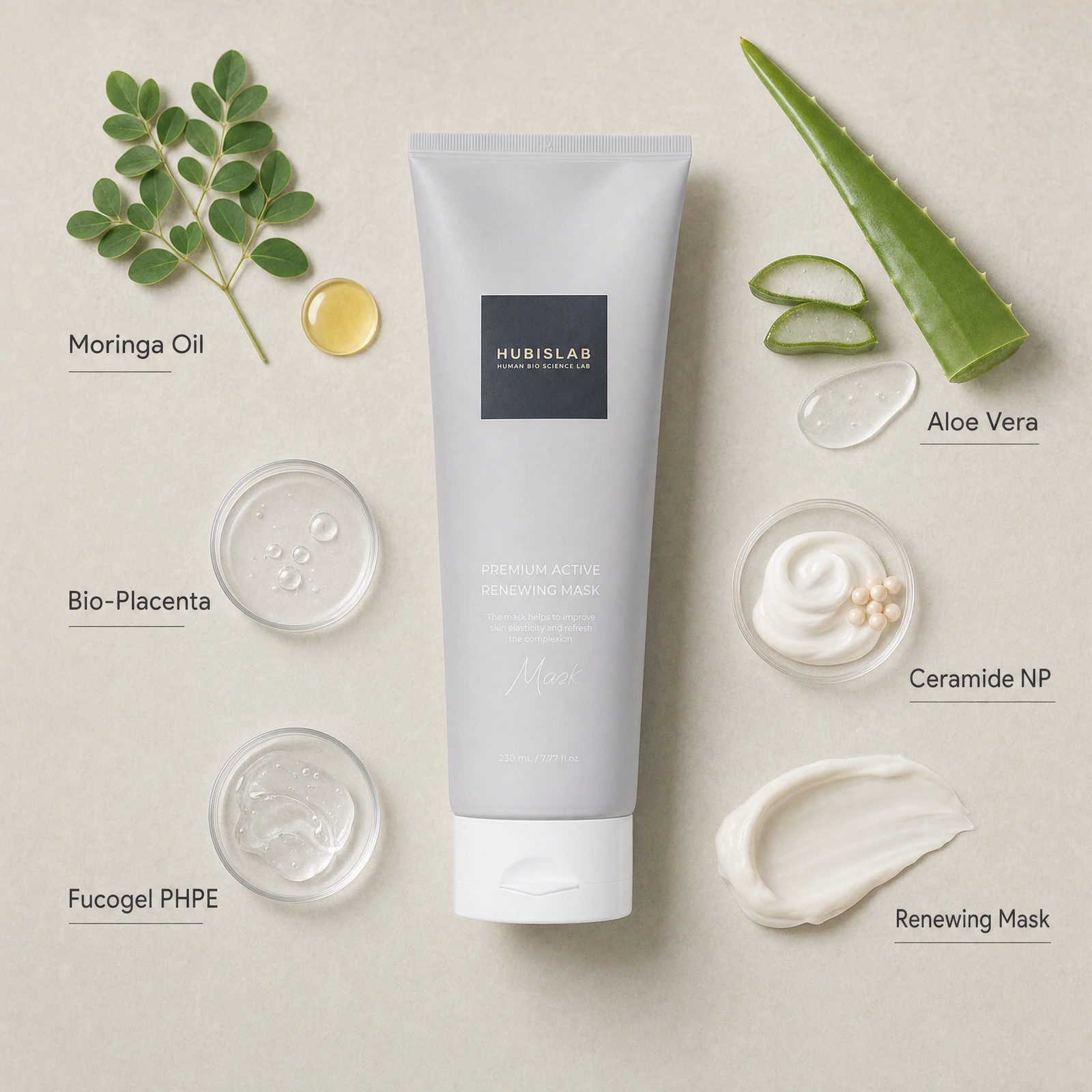 Hubislab e+ Epiderma Premium Active Renewing Mask 230ml ingredient flatlay with Moringa Oil, Bio-Placenta, Fucogel PHPE, Aloe Vera, Ceramide NP and Renewing Mask.