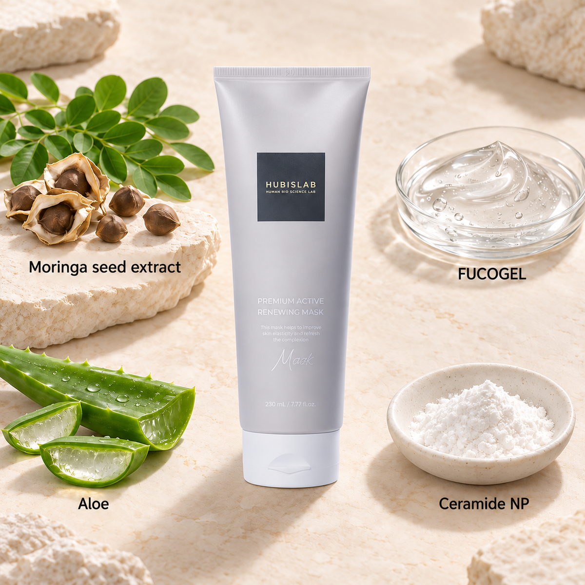 HUBISLAB eplus epiderma premium active renewing mask with illustrative selected ingredients: Moringa seed extract, FUCOGEL, Aloe, Ceramide NP.