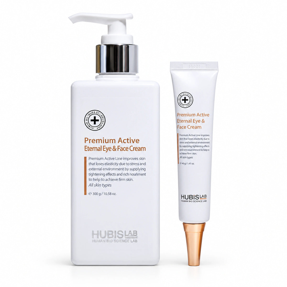 HUBISLAB Eternal Eye and Face Cream professional 300 g pump bottle and retail 40 g tube.