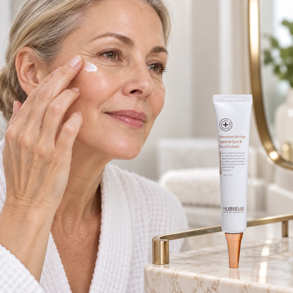 Client applying HUBISLAB eternal cream with the 40 g presentation shown.