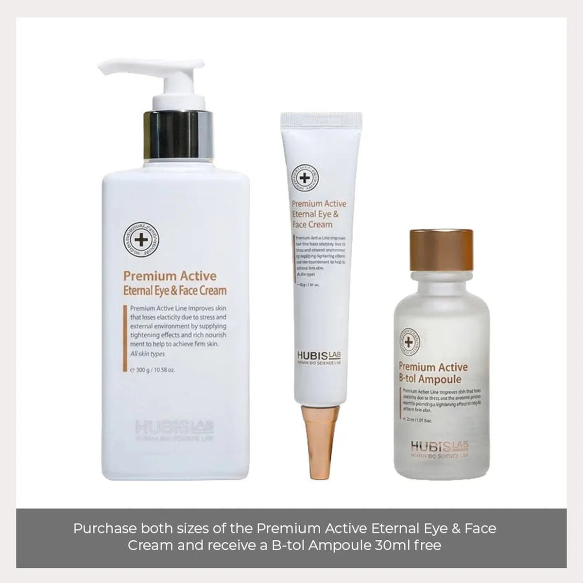 HUBISLAB Eternal Youth bundle containing Eternal Eye and Face Cream 300 g and 40 g with B-tol Ampoule 30 ml.