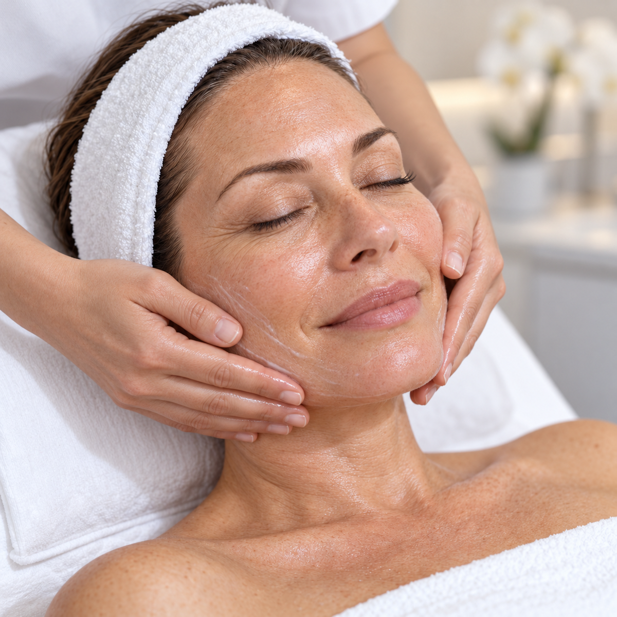 Therapist massaging a client's jawline and cheeks with Collagen Massage Cream during the HUBISLAB Exosignal facial.
