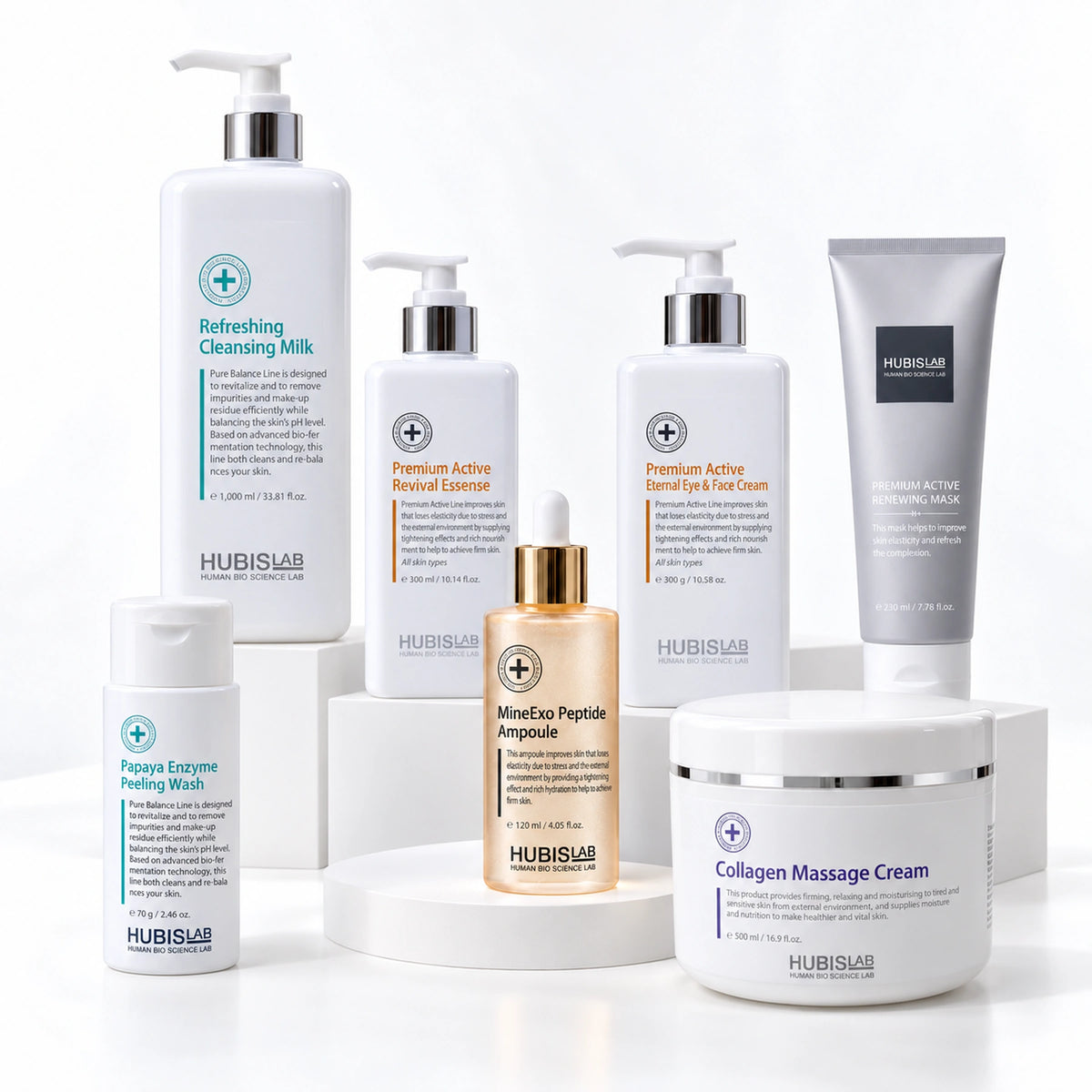 Seven-product HUBISLAB Exosignal professional collection with 1000 ml cleansing milk, 70 g papaya wash, 300 ml essence, 120 ml ampoule, 500 ml massage cream, 230 ml mask and 300 g cream.