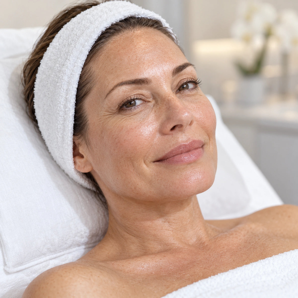 Client resting on a treatment bed, illustrating the completed HUBISLAB Exosignal facial.