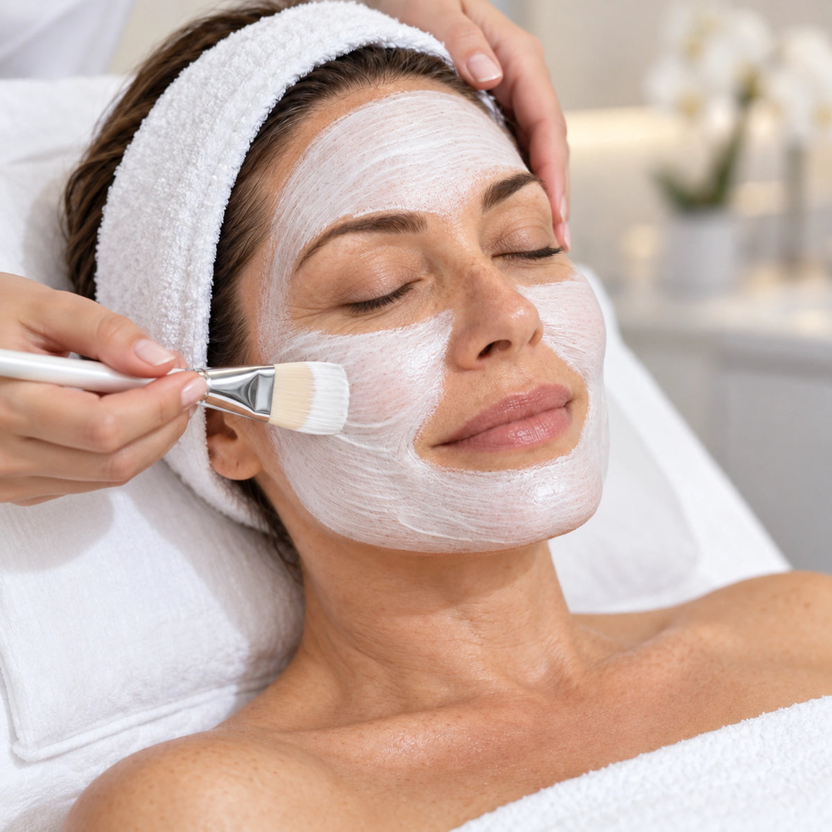 Therapist applying a cream mask to a client during a facial.