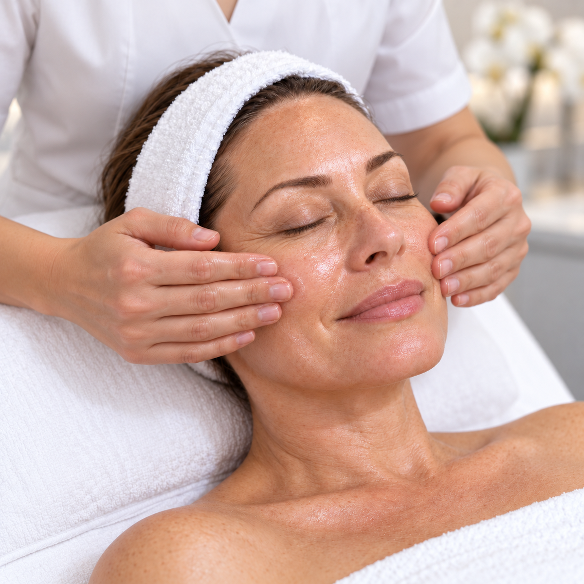 Therapist gently smoothing MineExo Peptide Ampoule onto a client's cheeks during the HUBISLAB Exosignal facial.