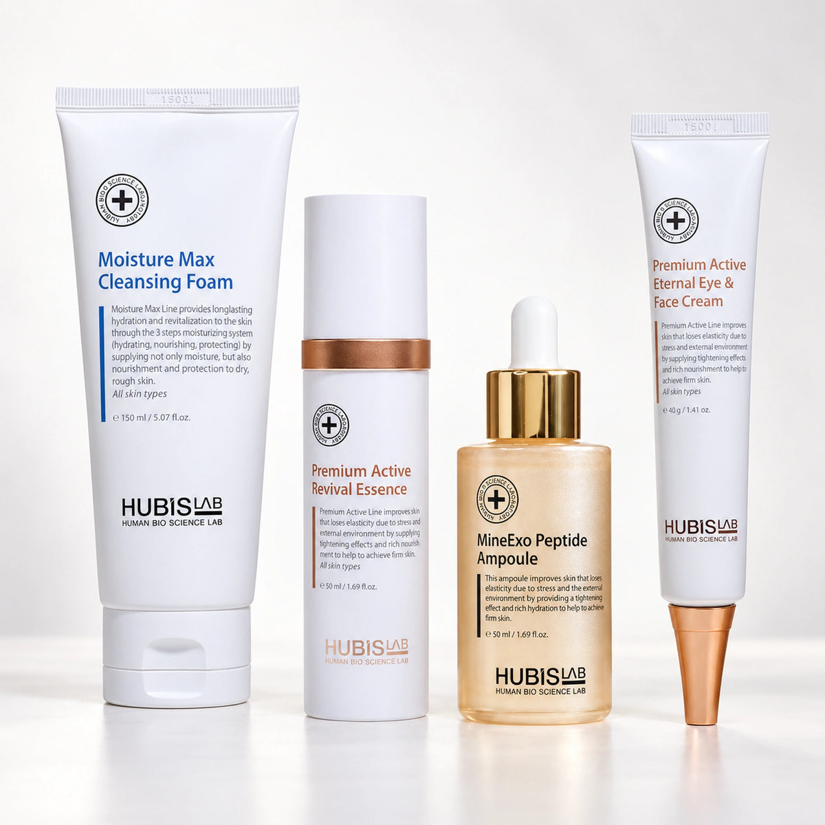 Separate HUBISLAB homecare options: Cleansing Foam 150 ml, Revival Essence 50 ml, MineExo Peptide Ampoule 50 ml and Eternal Eye & Face Cream 40 g.