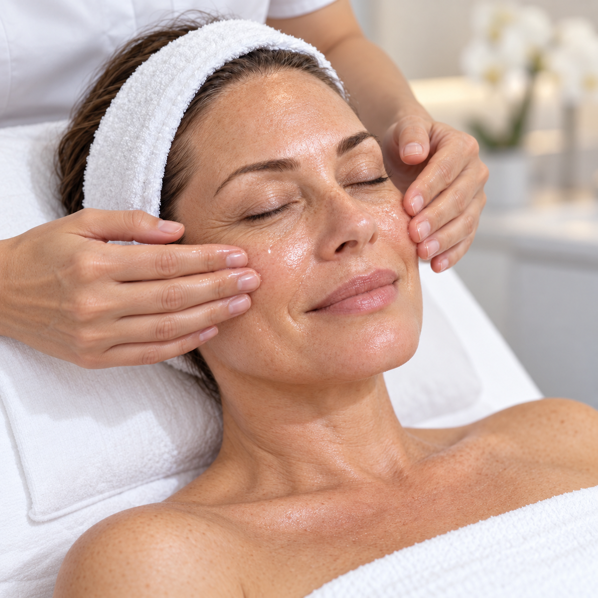 Therapist gently patting Revival Essence onto a client's cheeks during the HUBISLAB Exosignal facial.