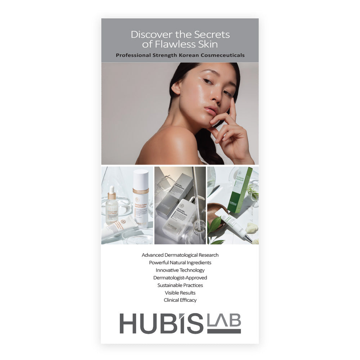 HUBISLAB hanging banner artwork with brand logo, client portrait and skincare product photographs; banner size 63 × 130 cm.