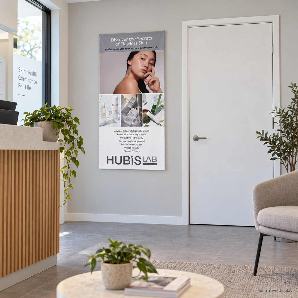 Illustrative clinic reception display of the HUBISLAB hanging banner beside a doorway for scale.