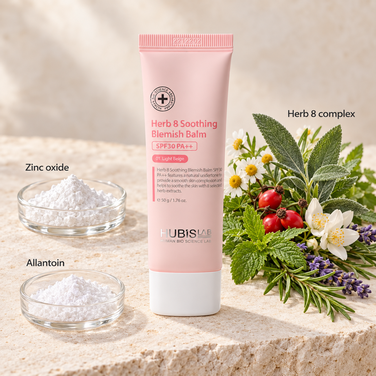 HUBISLAB herb 8 soothing blemish balm spf30 with an illustrative ingredient composition labelled Zinc oxide, Allantoin, Herb 8 complex.