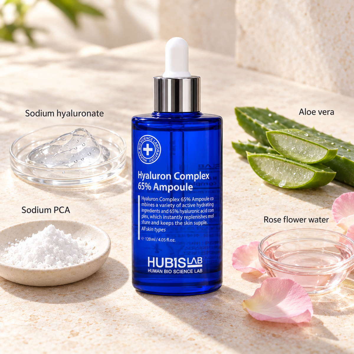 HUBISLAB hyaluron complex 65 ampoule with an illustrative ingredient composition labelled Sodium hyaluronate, Sodium PCA, Aloe vera, Rose flower water.