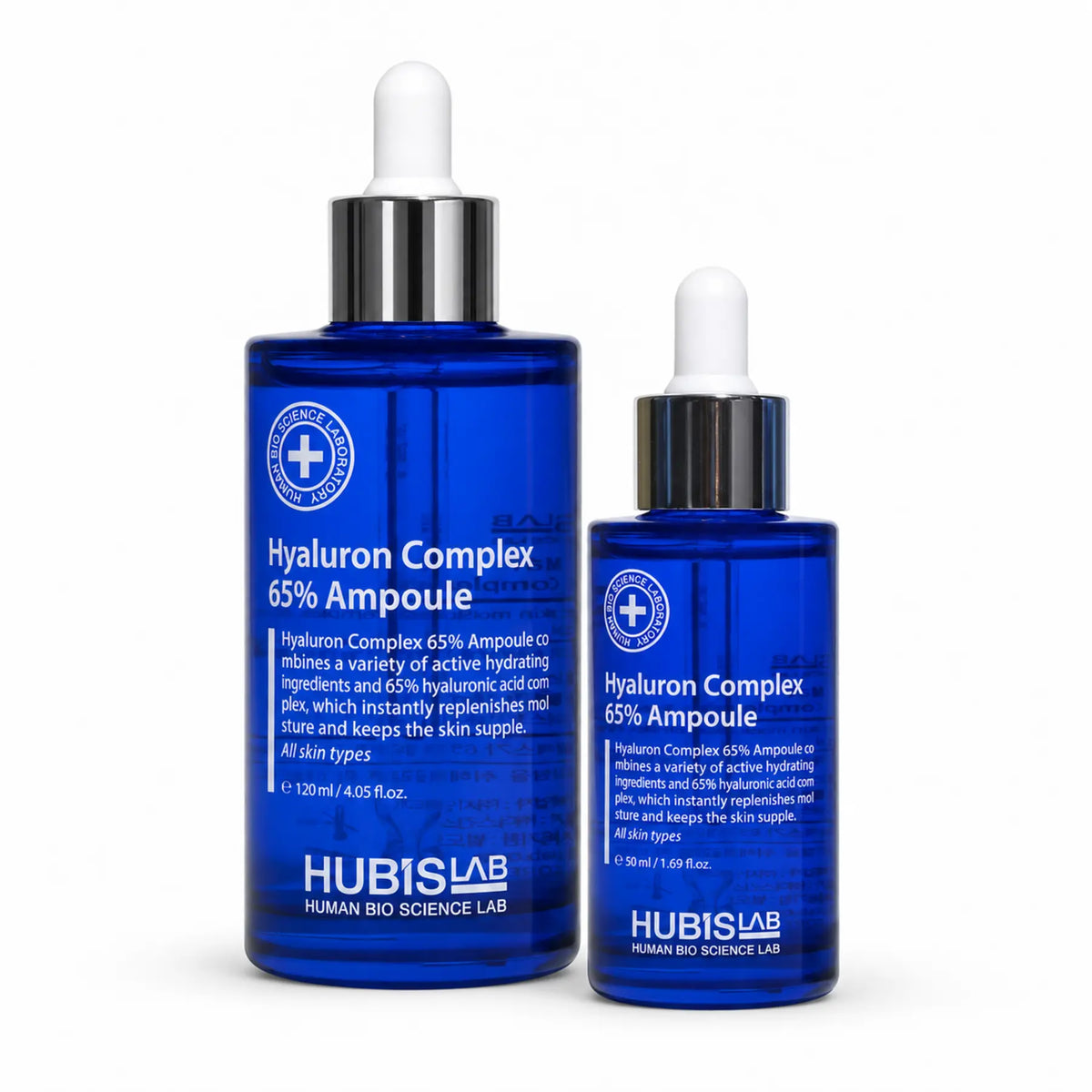 HUBISLAB Hyaluron Complex 65% Ampoule professional 120 ml and retail 50 ml bottles displayed together on a clean white background.