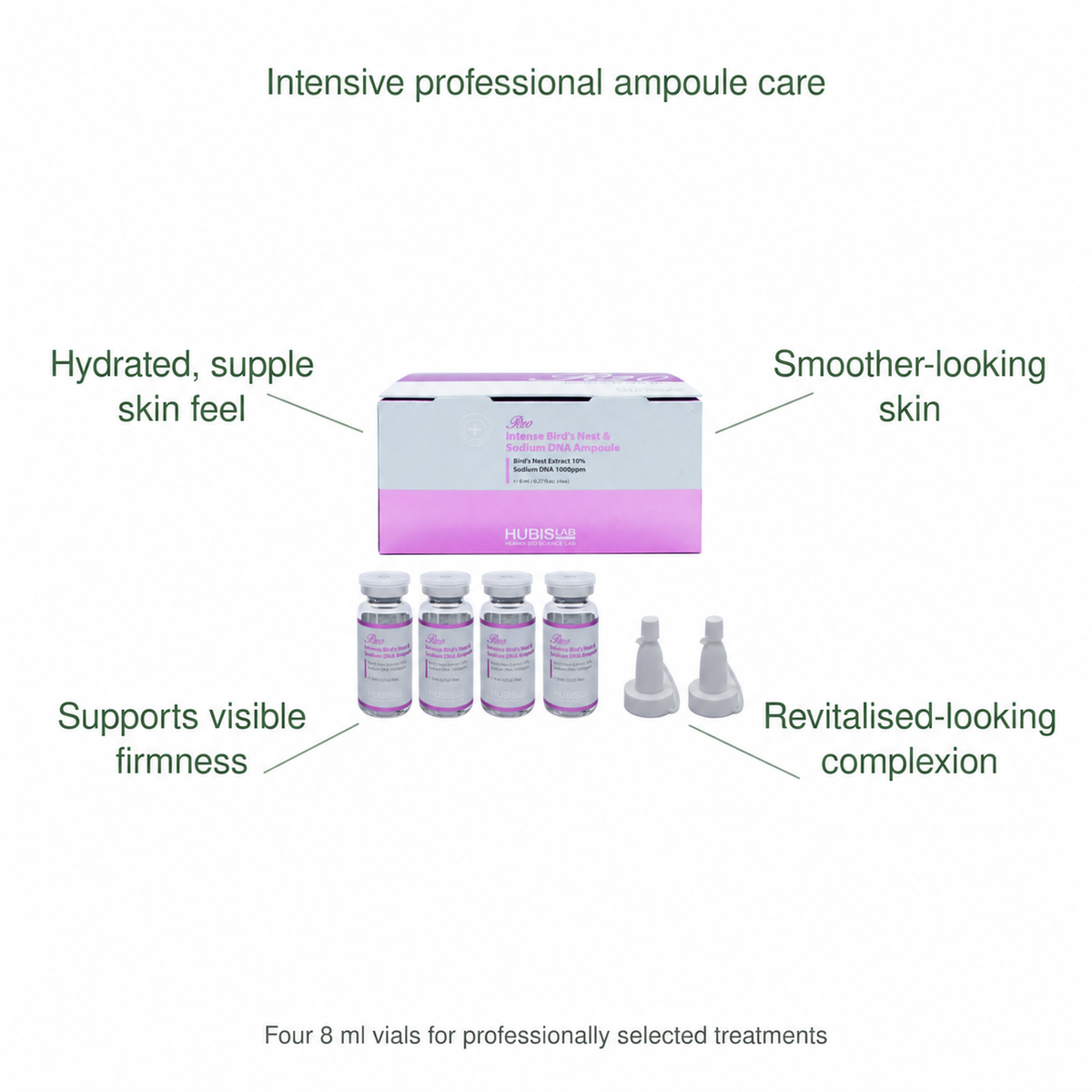 HUBISLAB intense birds nest and sodium dna ampoule benefits: Hydrated, supple skin feel, Smoother-looking skin, Supports visible firmness, Revitalised-looking complexion.