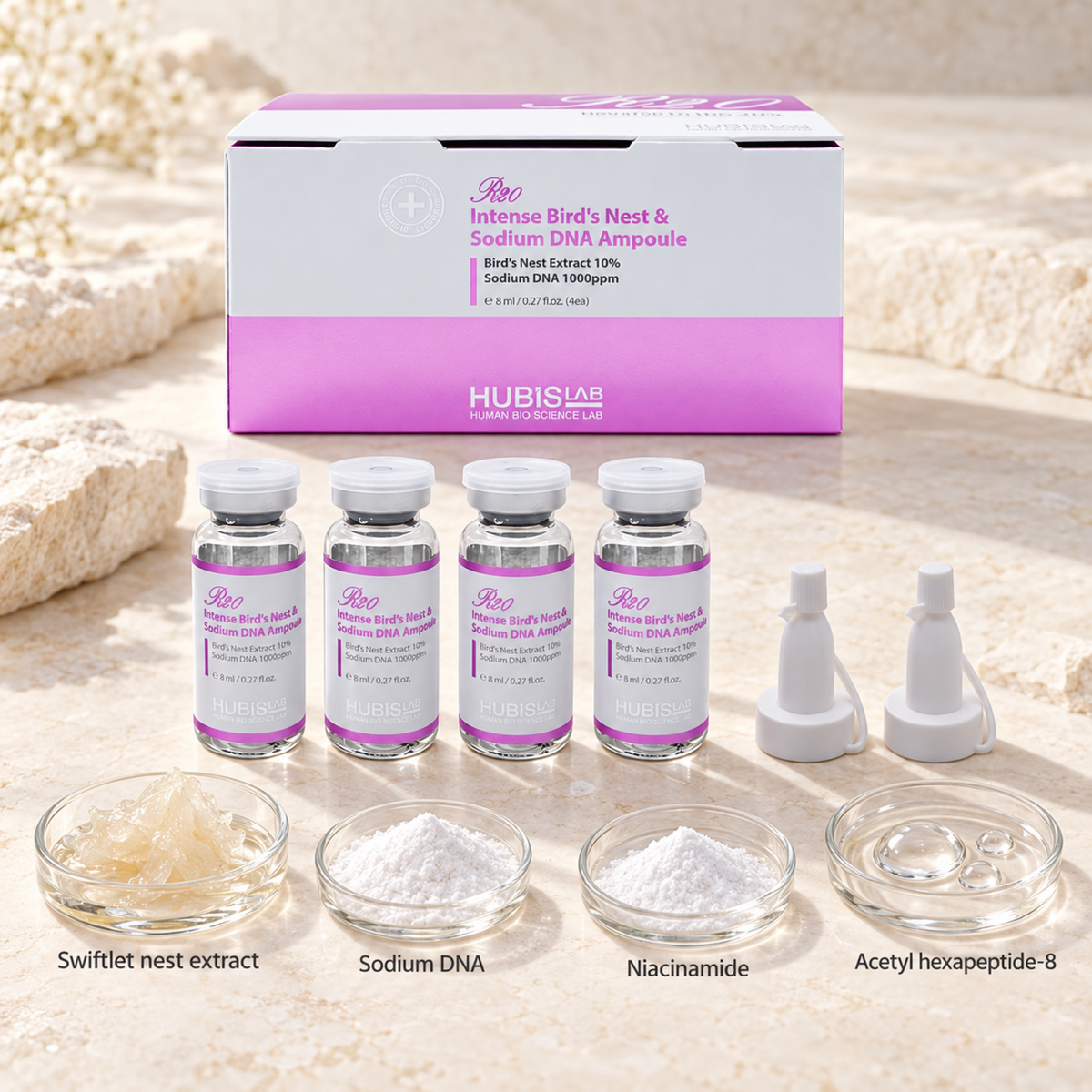 HUBISLAB intense birds nest and sodium dna ampoule with an illustrative ingredient composition labelled Swiftlet nest extract, Sodium DNA, Niacinamide, Acetyl hexapeptide-8.