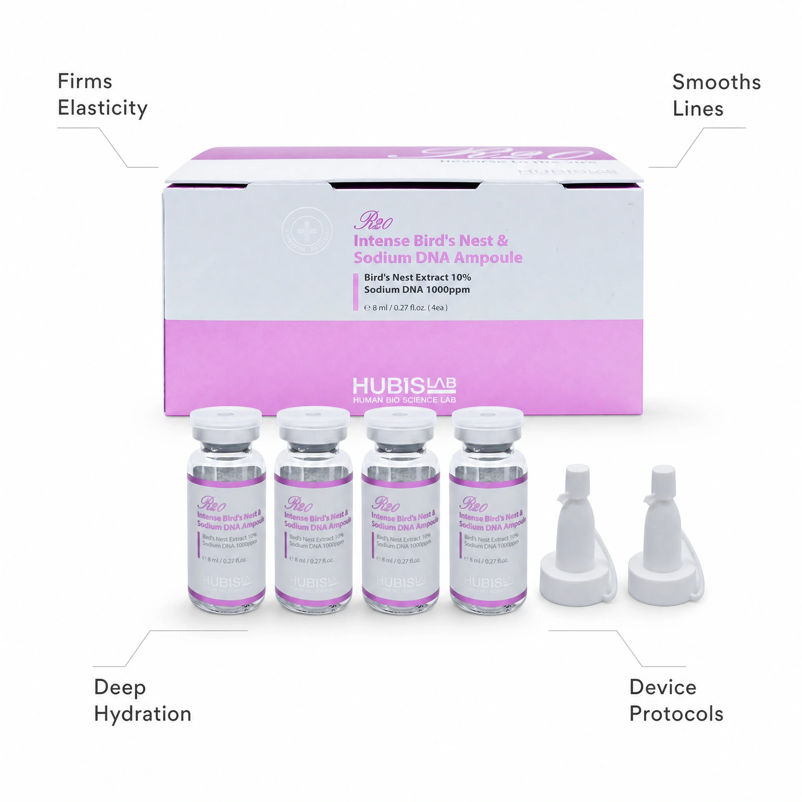 Hubislab Reo Intense Bird’s Nest and Sodium DNA Ampoule 4 x 8ml professional ampoule system with benefit callouts for firming elasticity, smoothing lines, deep hydration and device protocols.