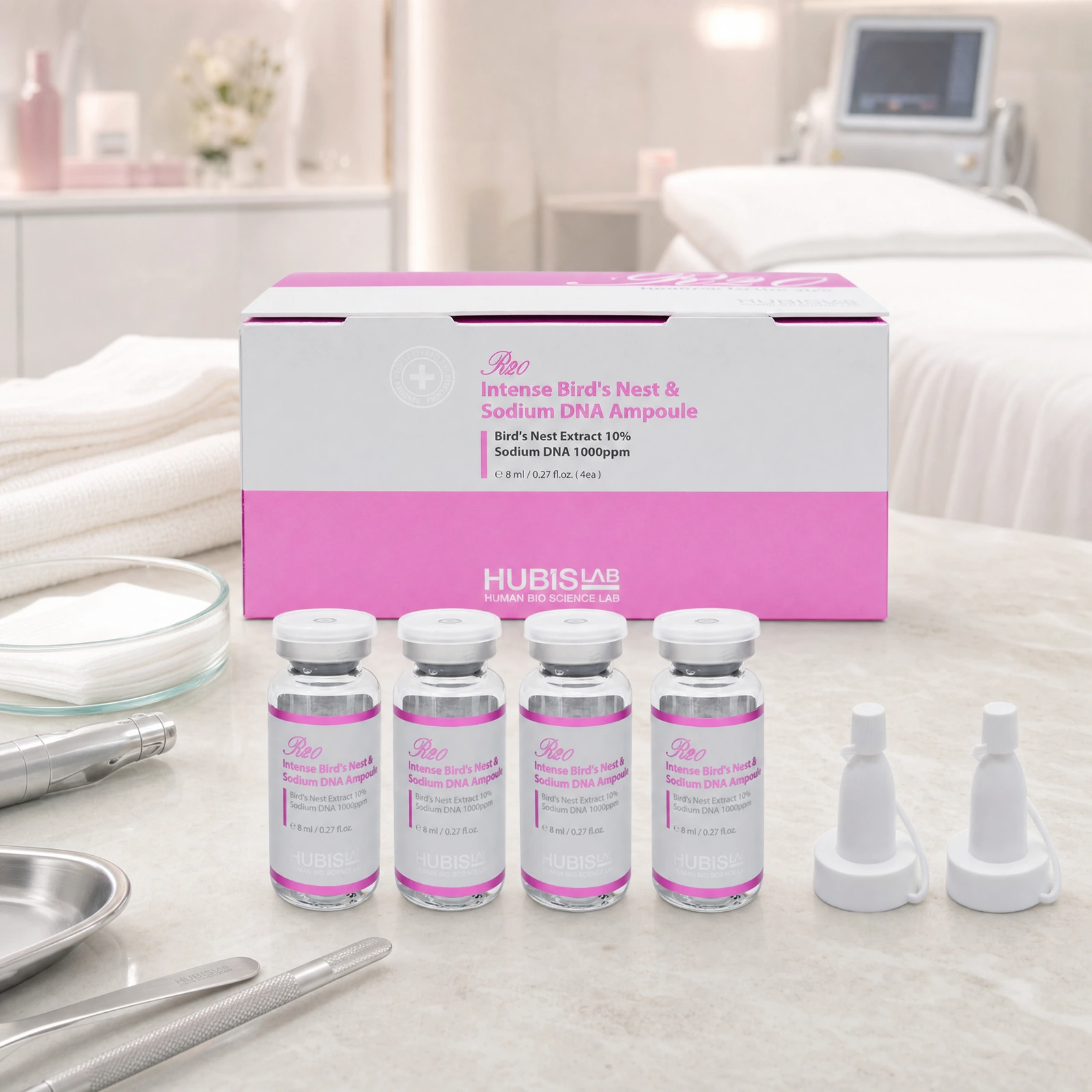 Hubislab Reo Intense Bird’s Nest and Sodium DNA Ampoule 4 x 8ml displayed in a premium clinical treatment-room setting for professional anti-ageing ampoule protocols, device treatments and elasticity support.