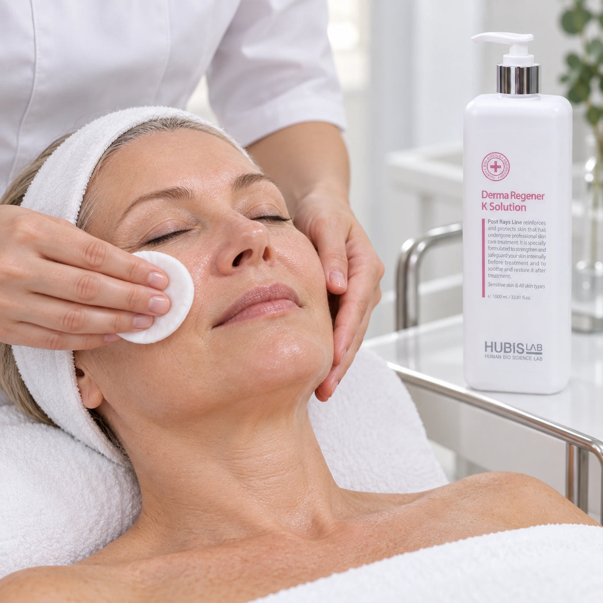Therapist applying K Solution with a cotton pad, beside the professional 1000 ml bottle.