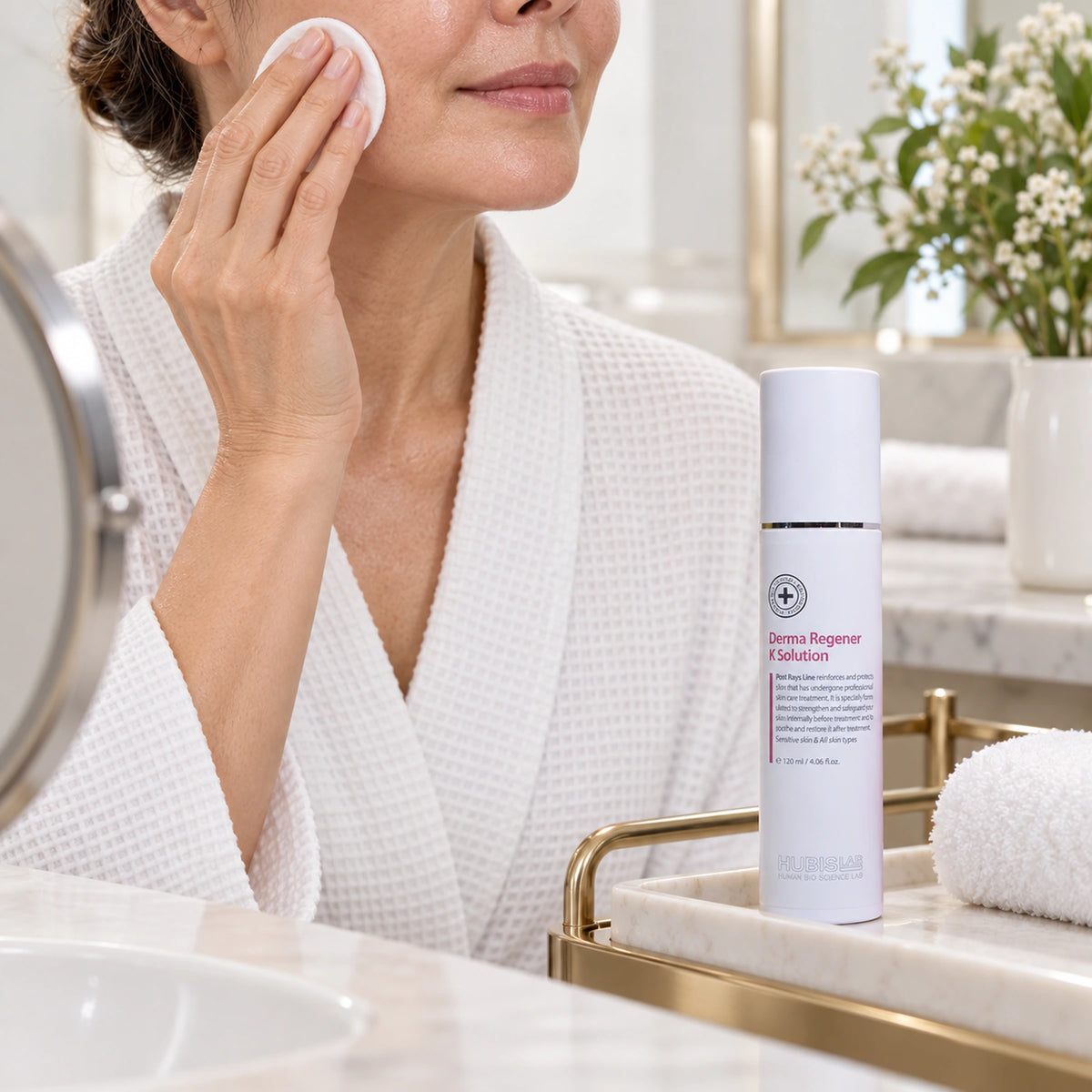 Client applying K Solution with a cotton pad, beside the retail 120 ml bottle.