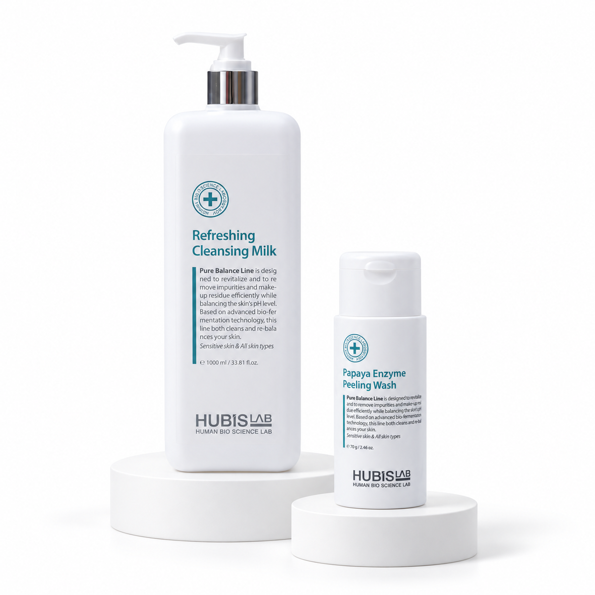 HUBISLAB Refreshing Cleansing Milk 1000ml and Papaya Enzyme Peeling Wash 70g arranged on white stands.
