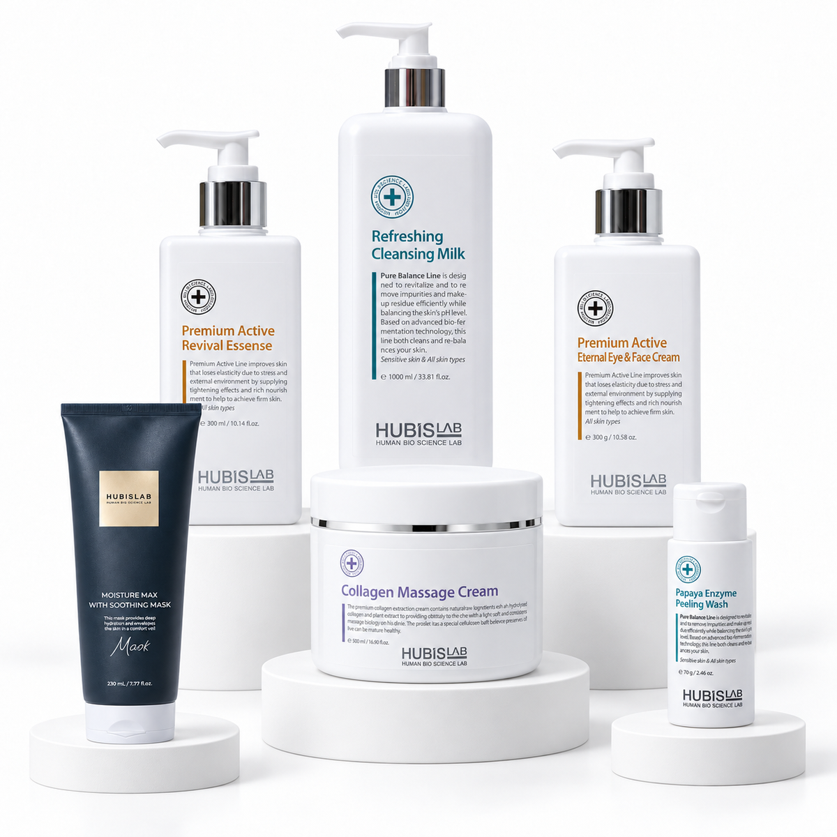 All six HUBISLAB Korean Glass Skin Facial Treatment products arranged on white display stands.