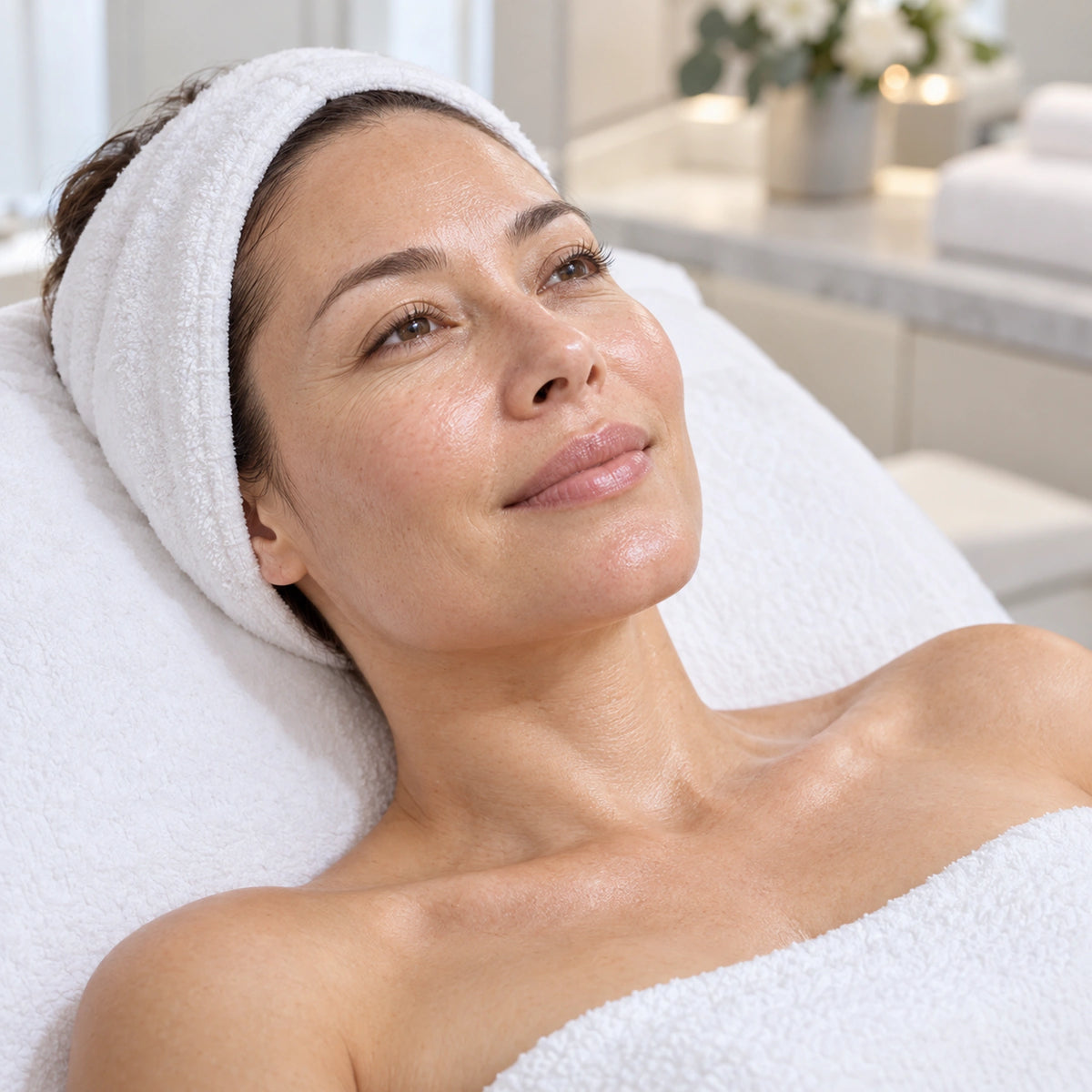 Client resting on a facial bed with a moisturised, luminous-looking complexion.