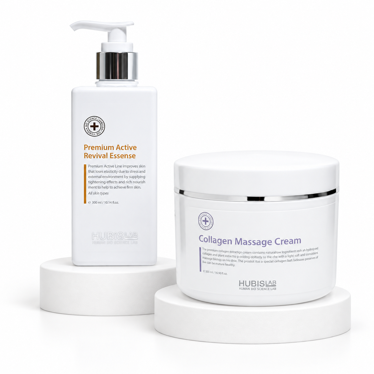 HUBISLAB Premium Active Revival Essence 300ml and Collagen Massage Cream 500ml arranged on white stands.