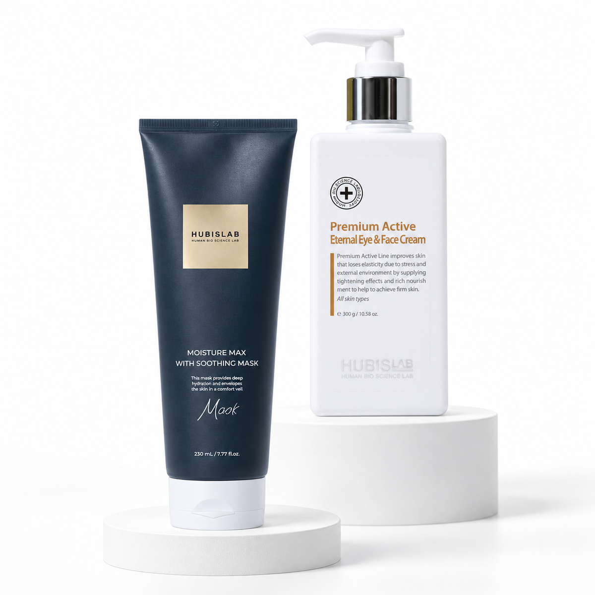 HUBISLAB Moisture Max with Soothing Mask 230ml and Premium Active Eternal Eye and Face Cream 300g arranged on white stands.