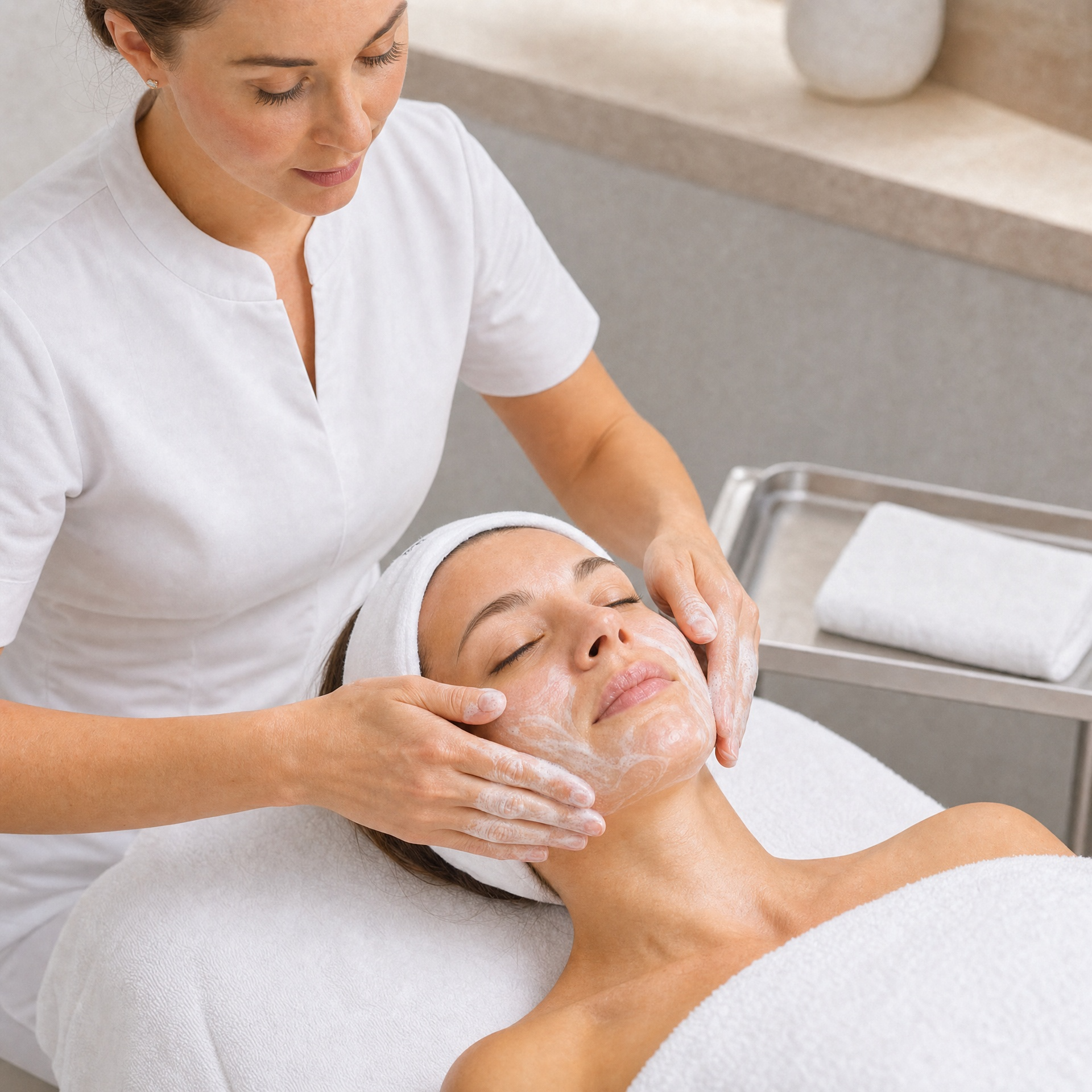 Professional skin therapist performing a gentle cleansing massage during the Hubislab Korean Glass Skin Facial Treatment in a clinical treatment room.